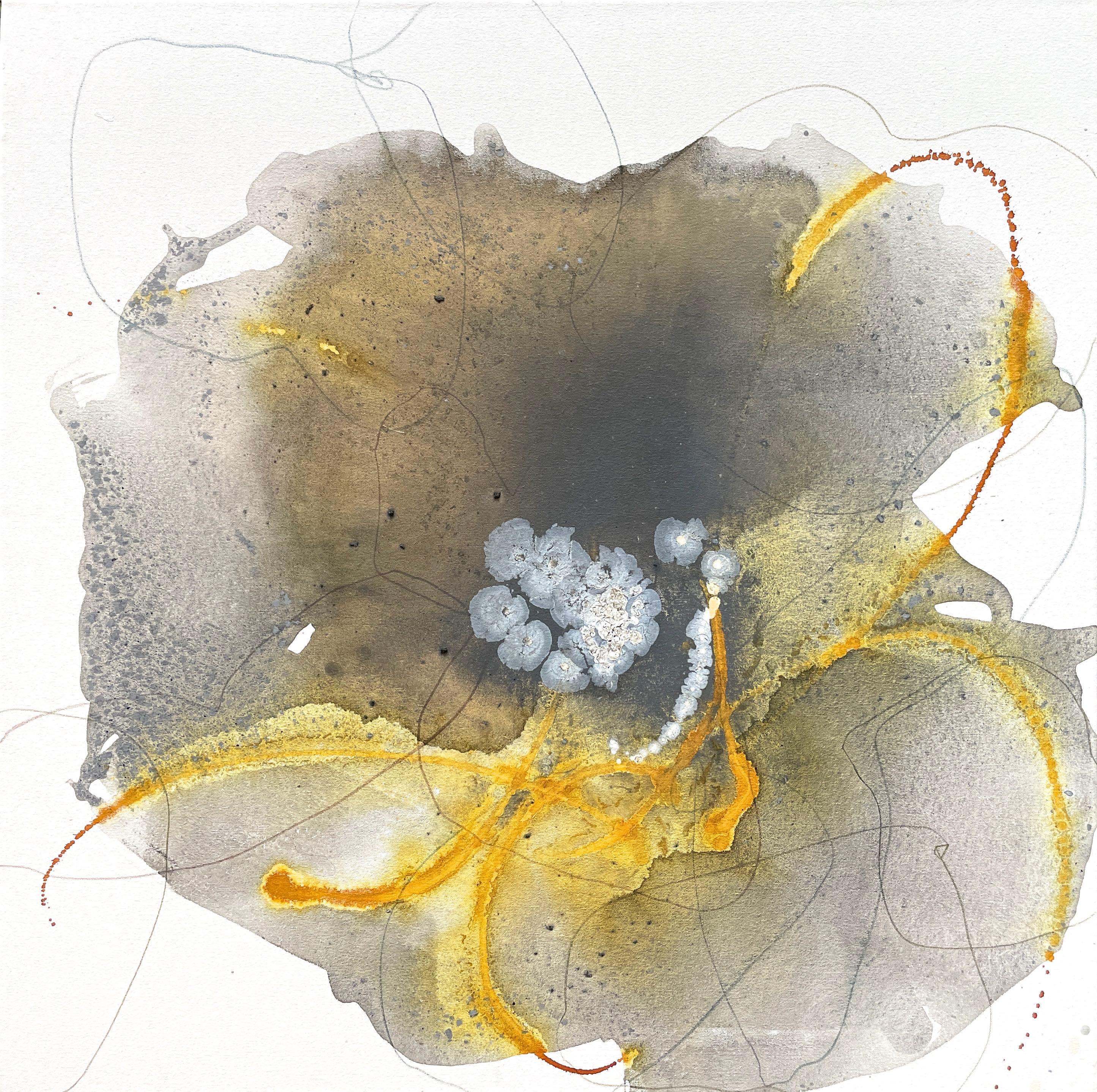 Butterkrug 4, abstraktes gelbes und graues Gemälde auf Leinwand mit schöner Blume