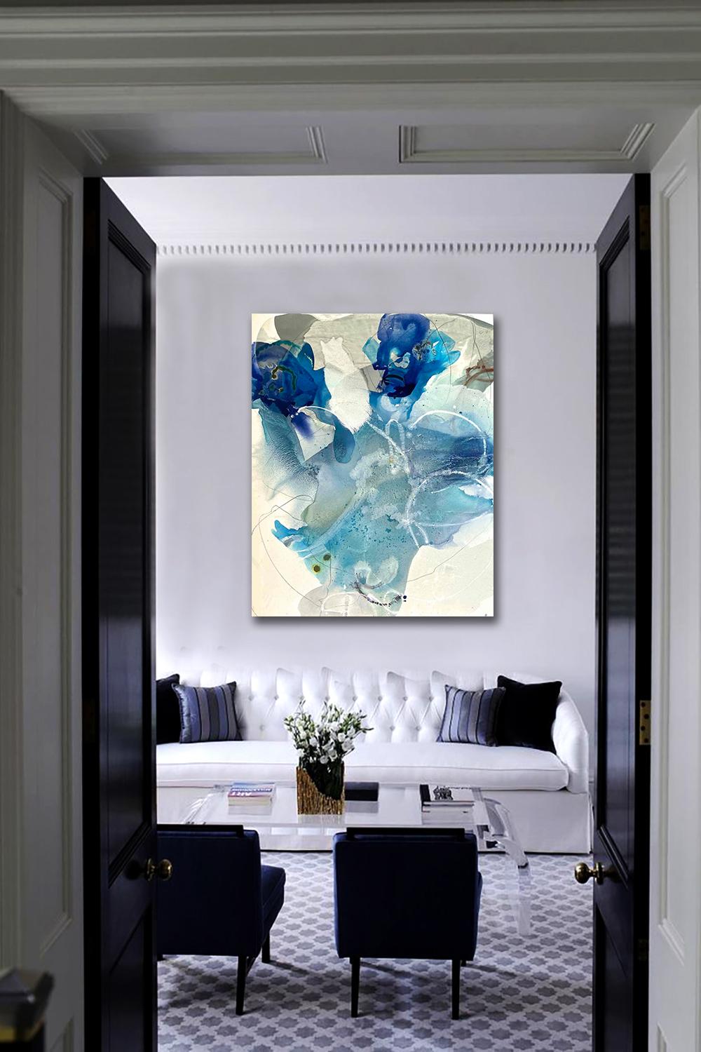 Harbor 8, abstract painting on canvas, layered with bright colors and blue tones For Sale 4