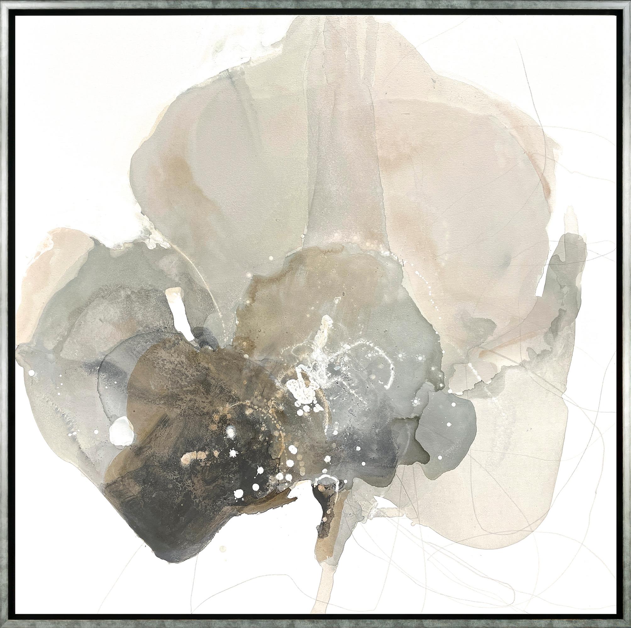 "Peony 7" is a framed mixed media work on canvas by Liz Barber, depicting an abstracted, asymmetrical flower in soft creams and grays. The organic lines and shapes emulate playful, frenetic movement, balanced by the quietude of the color