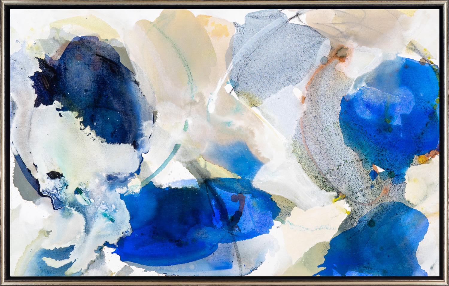 "Shade Petals 7" Blue Abstract Painting with Water-like Movement - Mixed Media Art by Liz Barber