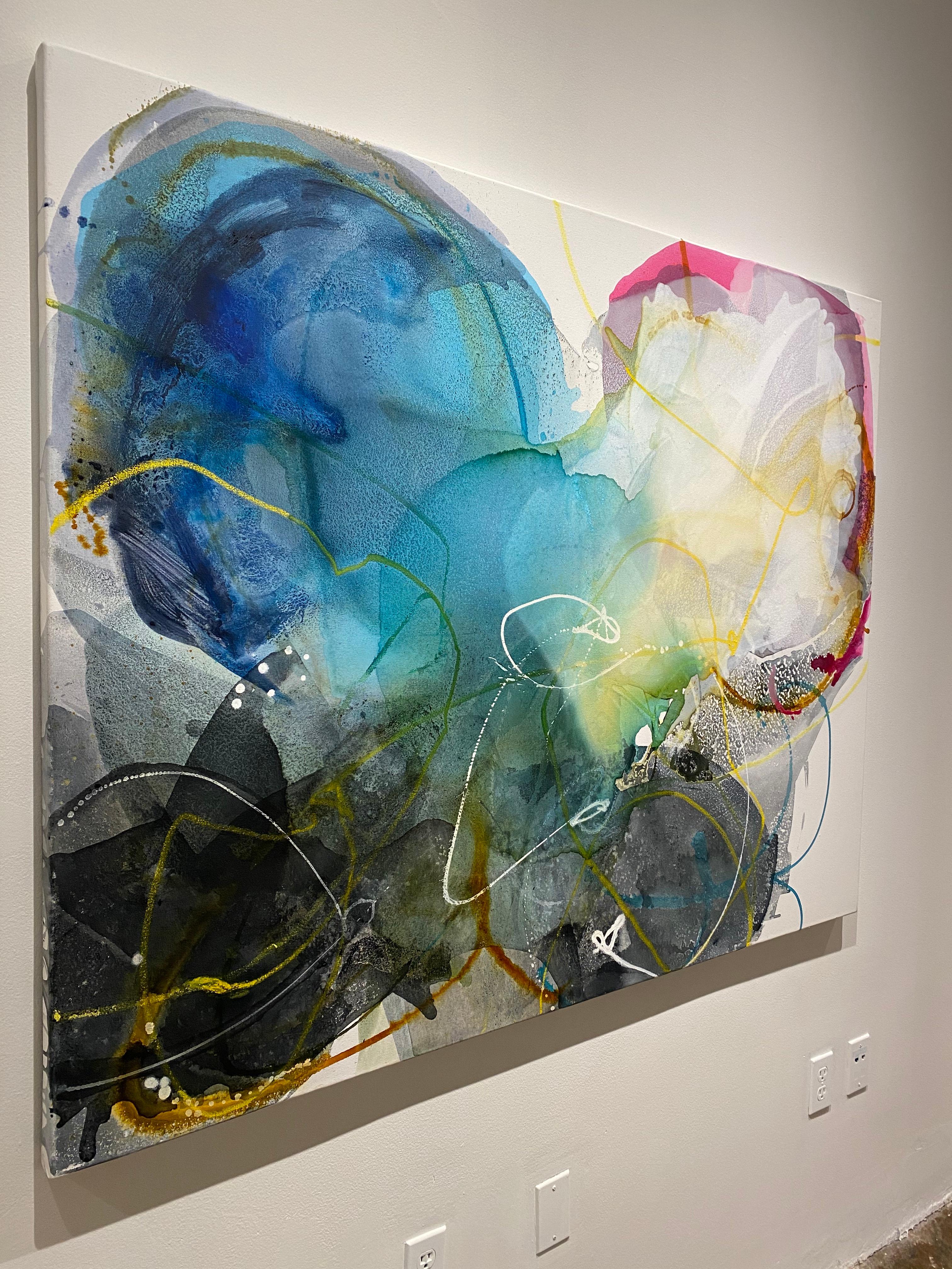 Shadow Blooms 3, large abstract painting on canvas, textured with bright colors - Abstract Painting by Liz Barber