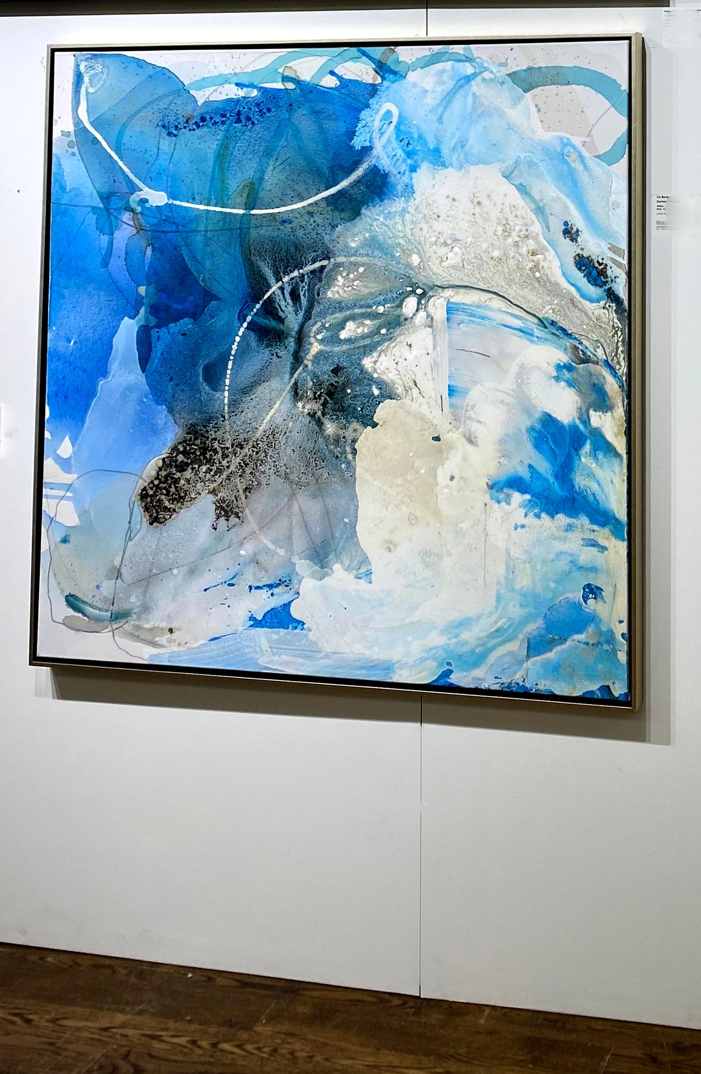 Summer Wave 1, abstract painting on canvas, textured with bright colors & blues - Gray Landscape Painting by Liz Barber