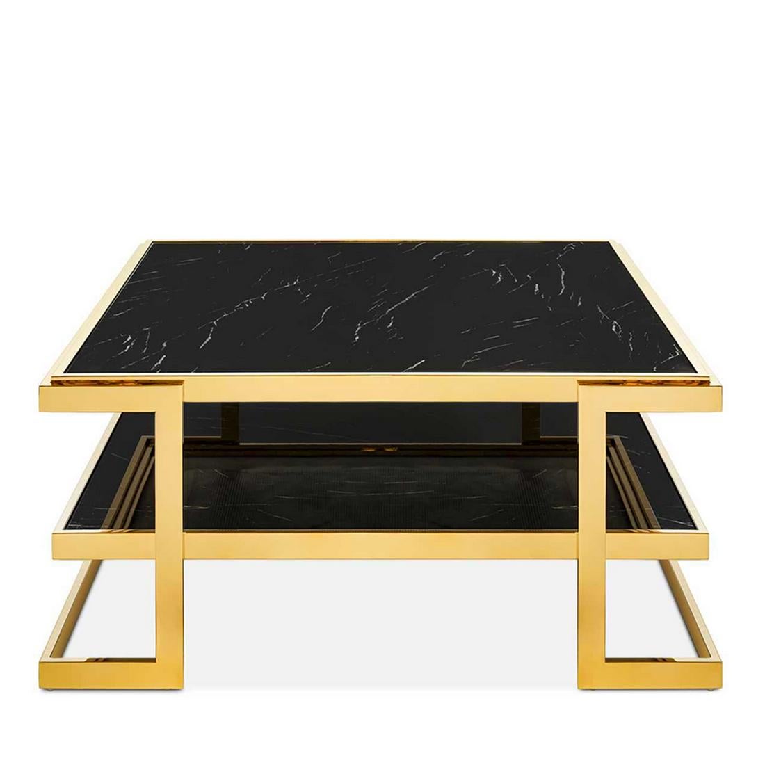 Coffee table Liz black with metal structure in
gold finish. With up and down black marble top.
Also available with up and down white marble top.