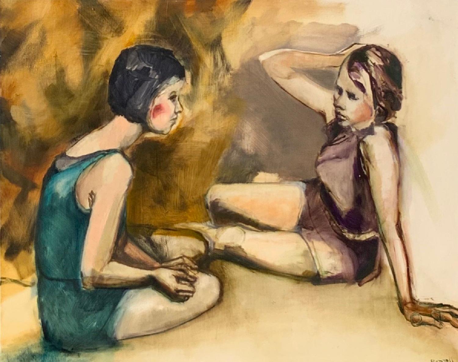 Liz Brozell Figurative Painting - Girl Talk, Oil Painting