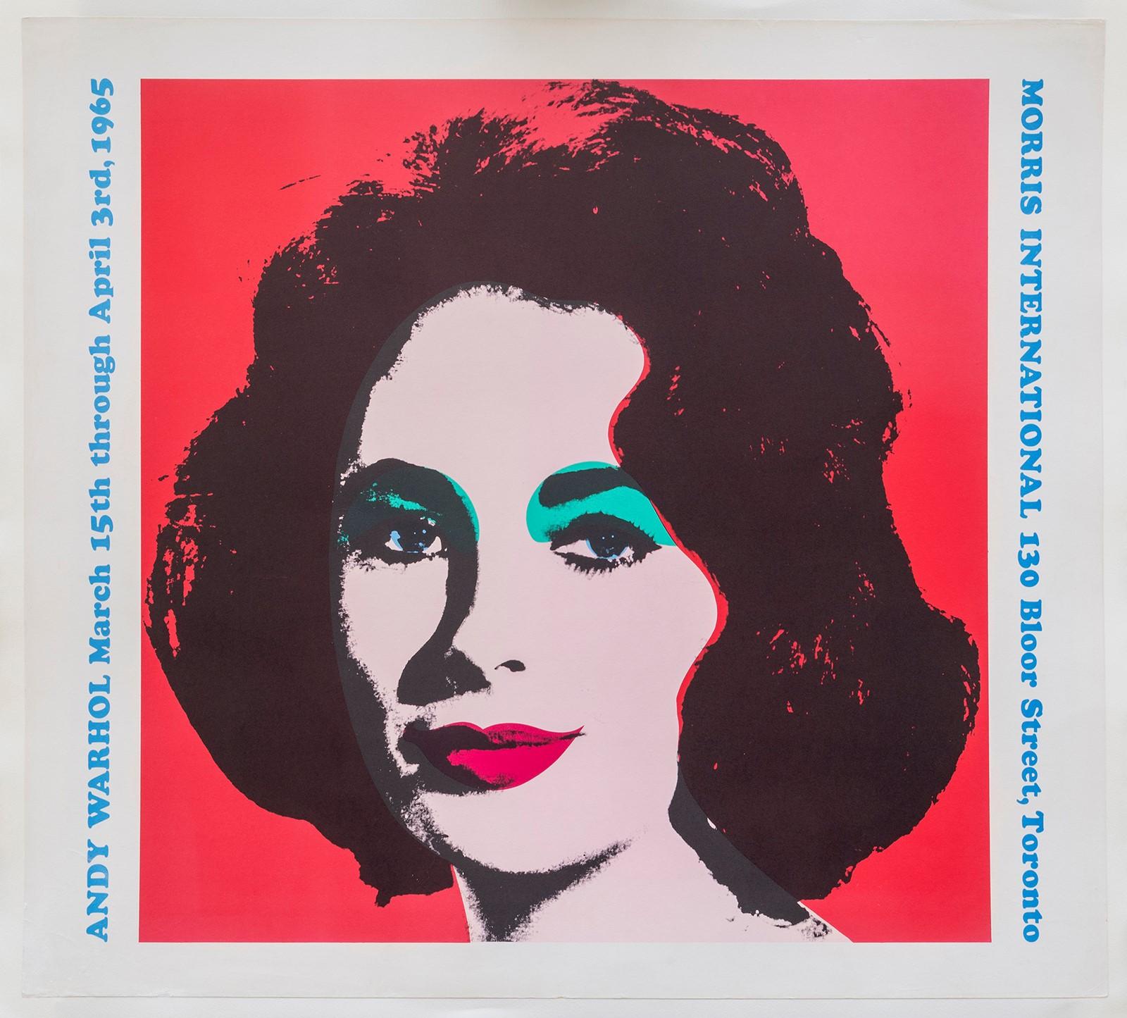 An original offset-lithograph exhibition poster on heavy wove paper after American artist Andy Warhol (1928-1987) titled “Morris International (Liz Taylor)”, 1965. Edition size unknown, presumed small.
Produced for Warhol’s first exhibition of work