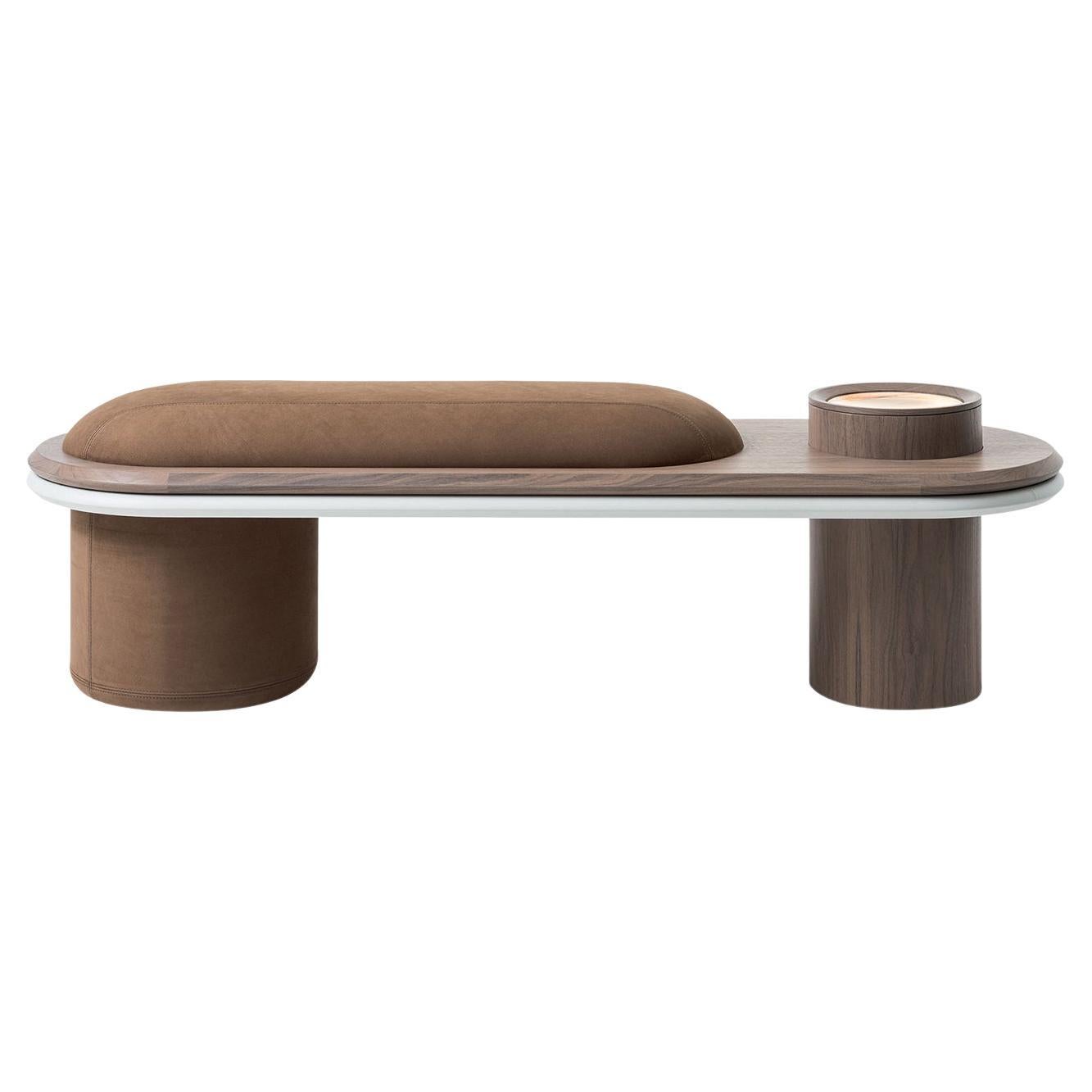 Liz Canaletto Walnut Top With Brown Leather Seat Bench For Sale