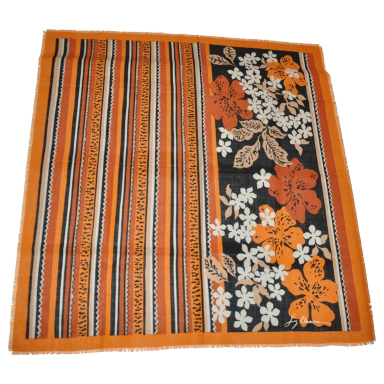 Liz Claiborne Large "Autumn Rust Floral & Stripes" Cotton Blend Fringe Scarf For Sale