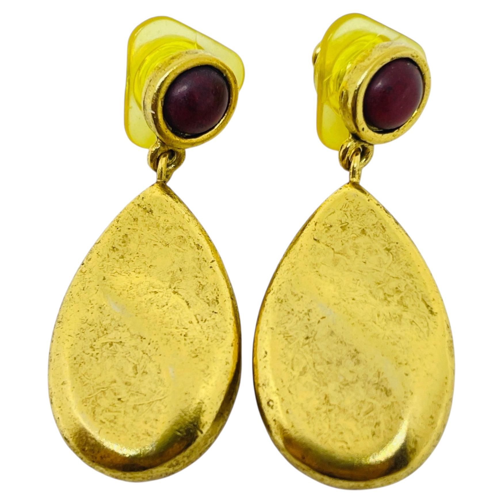 Pre-owned Liz Claiborne Lc Signed Vintage Gold Tone Red Glass Designer Dangle Earrings