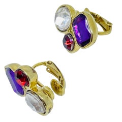 Boucles d'oreilles vintage à clip de créateur Liz Claiborne LC, dorées et ornées de strass