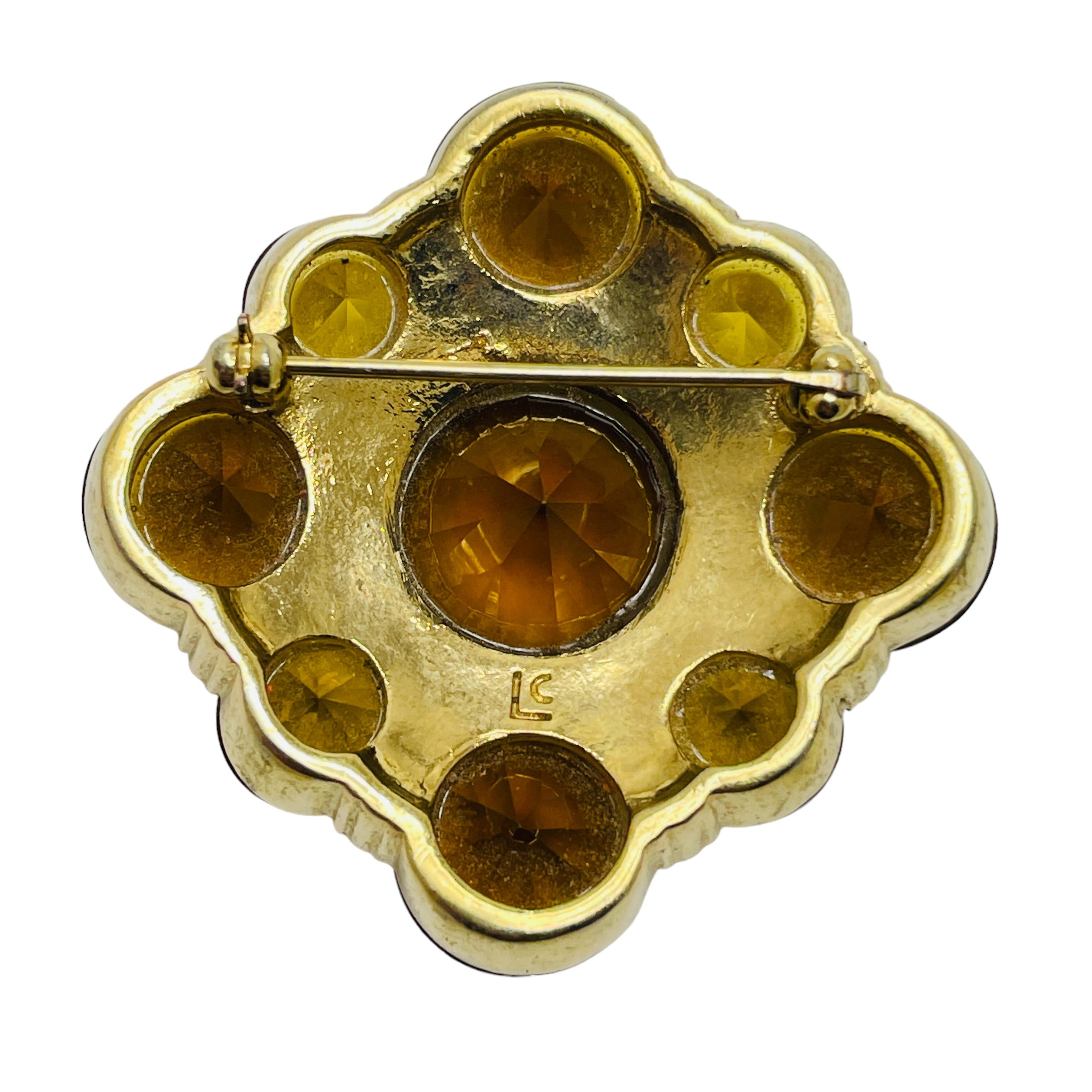 LIZ CLAIBORNE signed gold amber glass maltese cross designer brooch In Good Condition For Sale In Palos Hills, IL