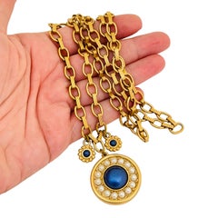 LIZ CLAIBORNE signed vintage gold tone blue pearl designer chain necklace