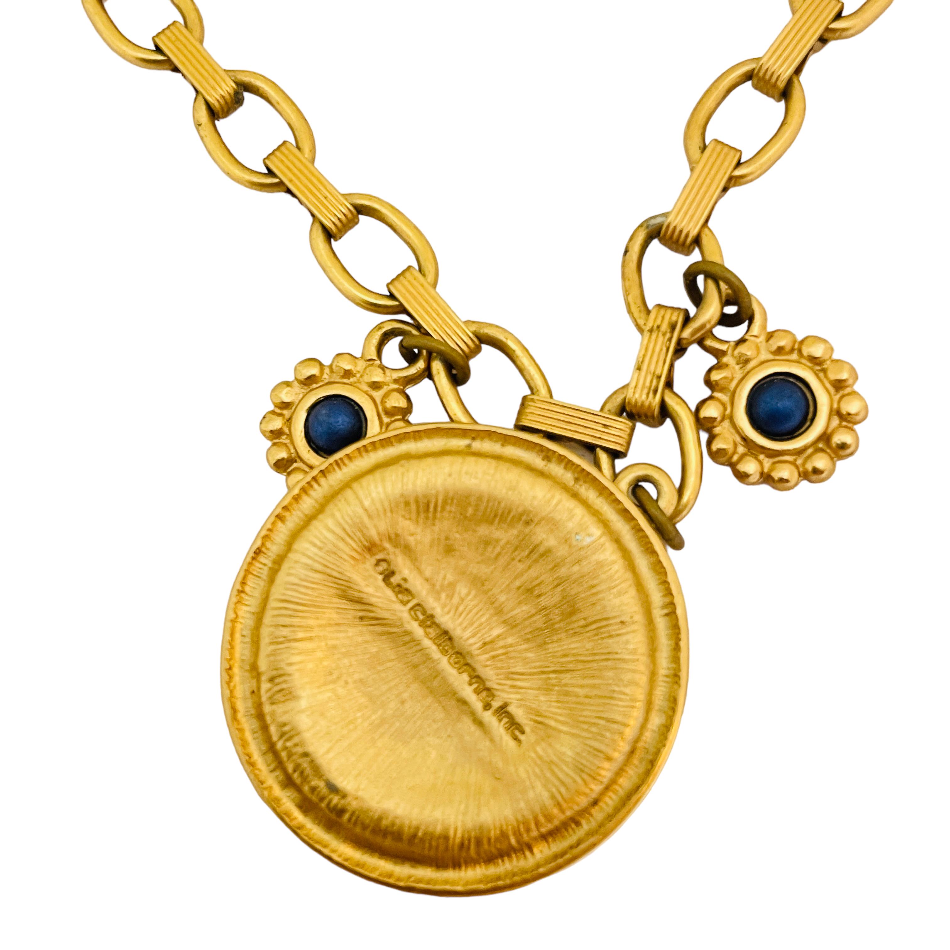 LIZ CLAIBORNE signed vintage gold tone blue pearl designer chain necklace In Good Condition For Sale In Palos Hills, IL