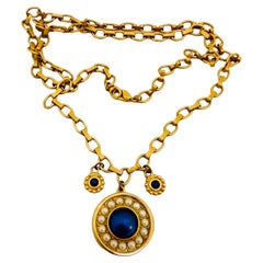 LIZ CLAIBORNE signed vintage gold tone blue pearl designer chain necklace