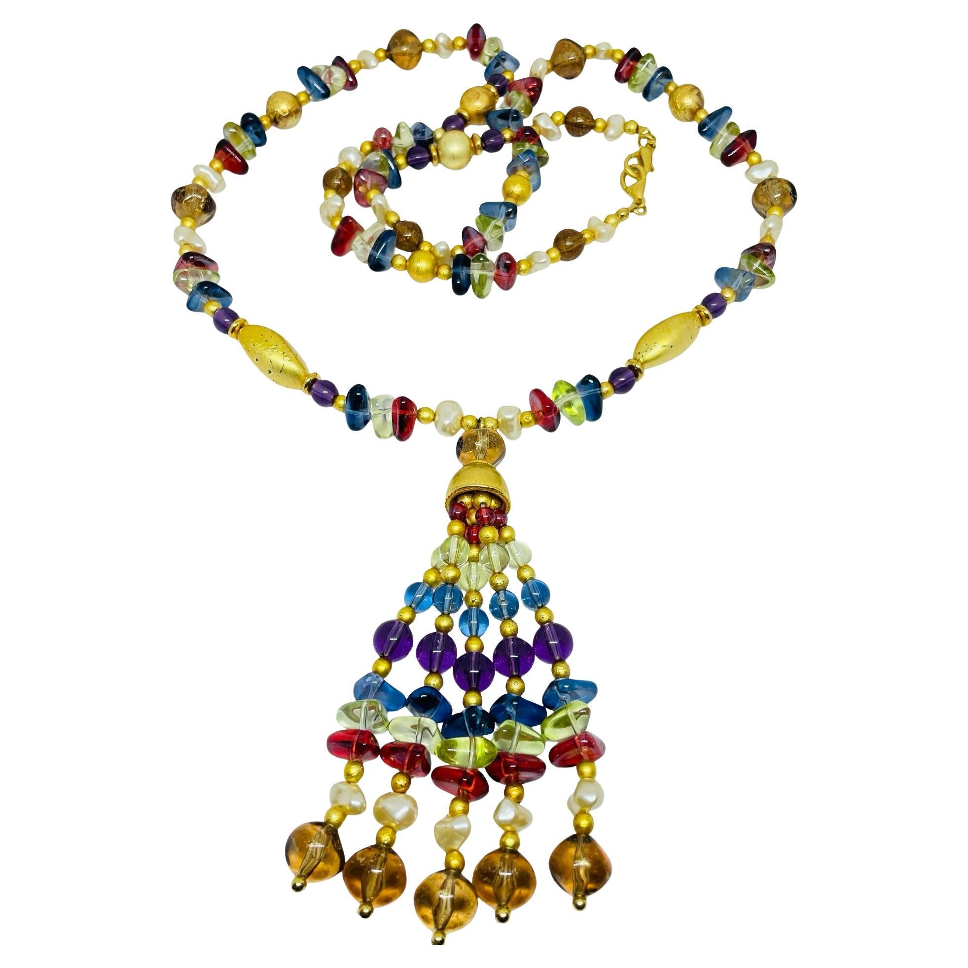 LIZ CLAIBORNE vintage gold tone colorful faux gemstones designer beaded necklace