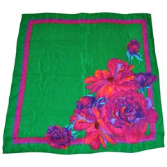 Retro Liz Claiborne Vividly Bold "Bursting Blooms" With Green Silk Scarf