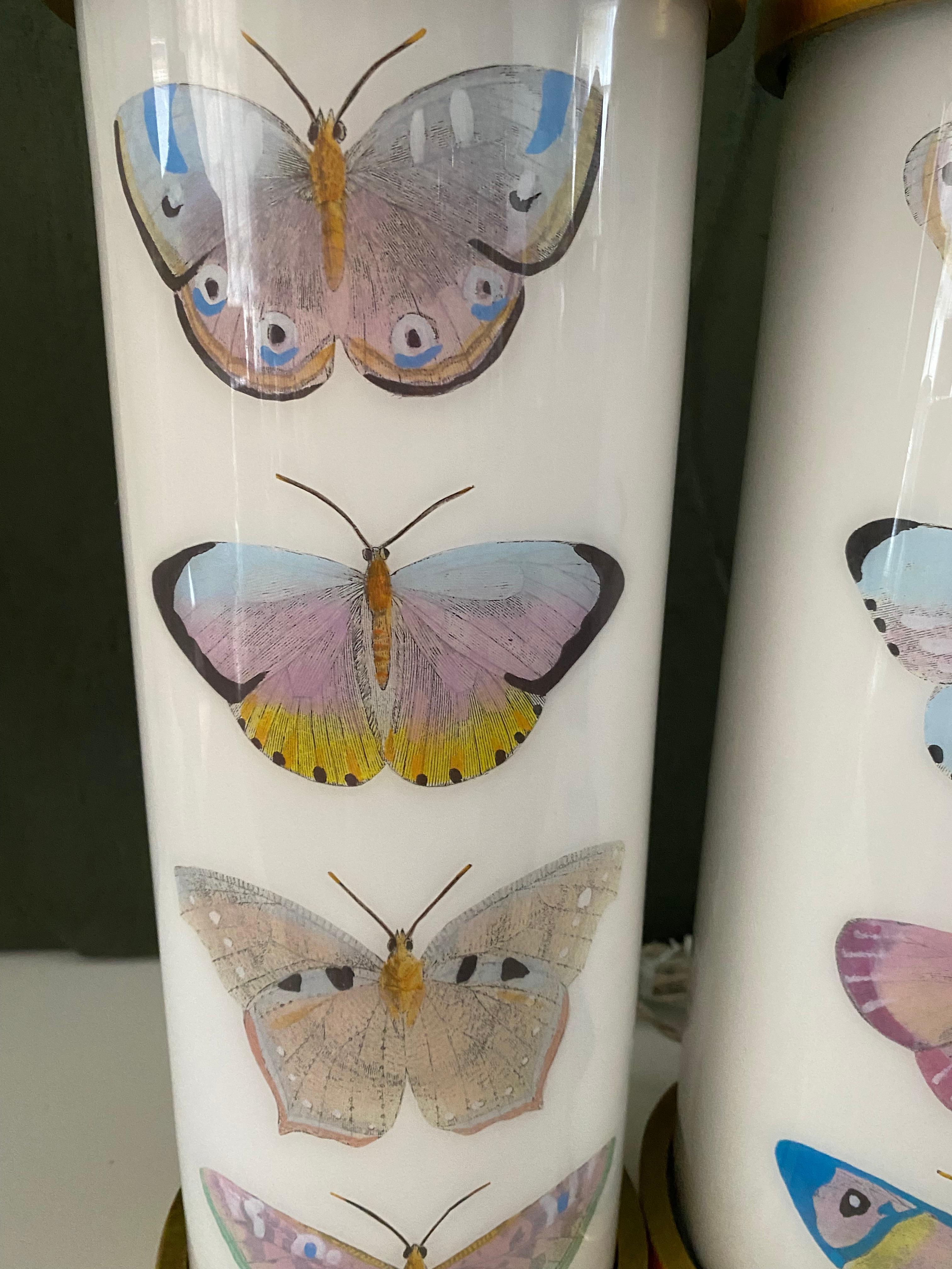 American Liz Marsh Designs Pair of Decoupage Butterfly Study II Lamps For Sale