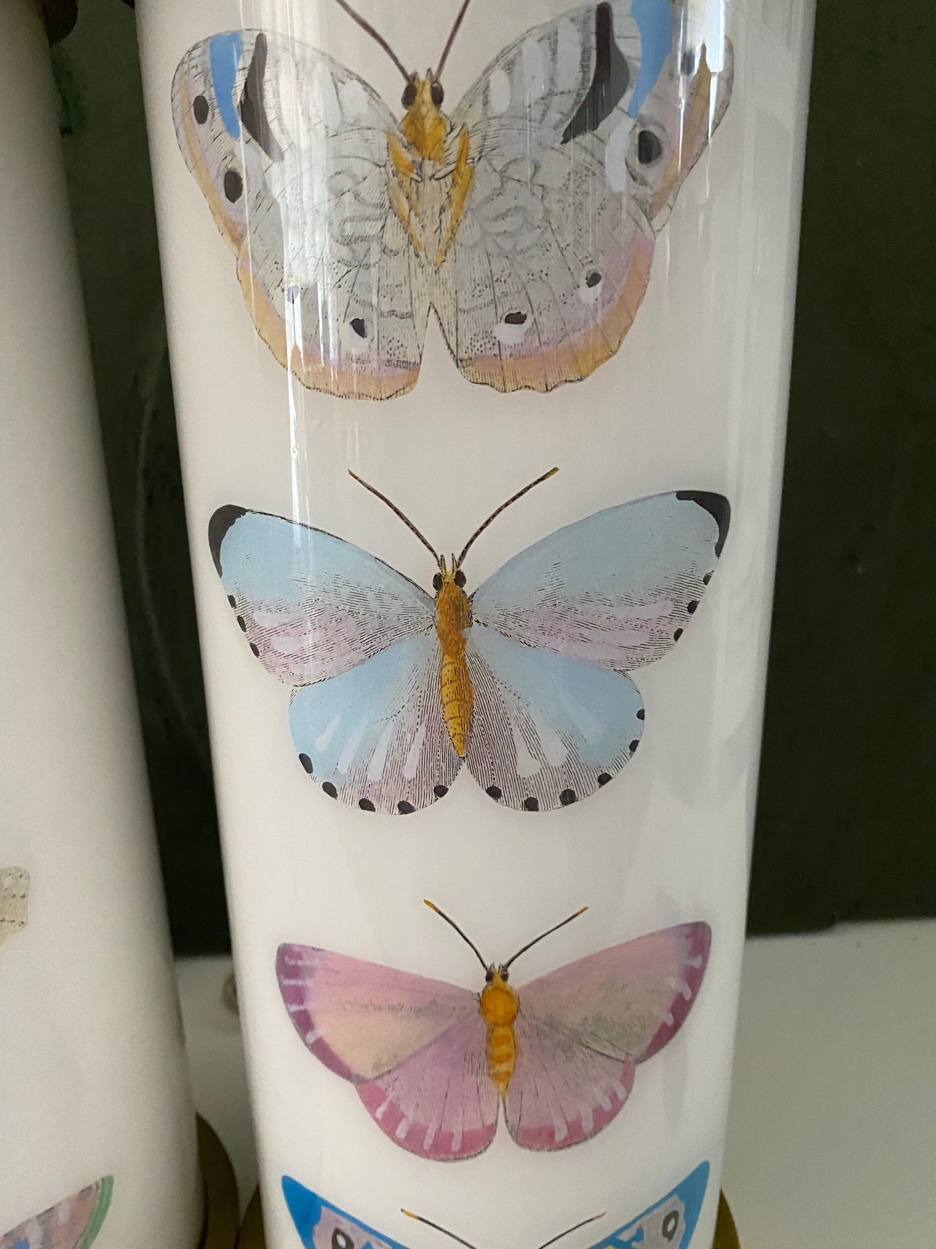 Découpage Liz Marsh Designs Pair of Decoupage Butterfly Study II Lamps For Sale