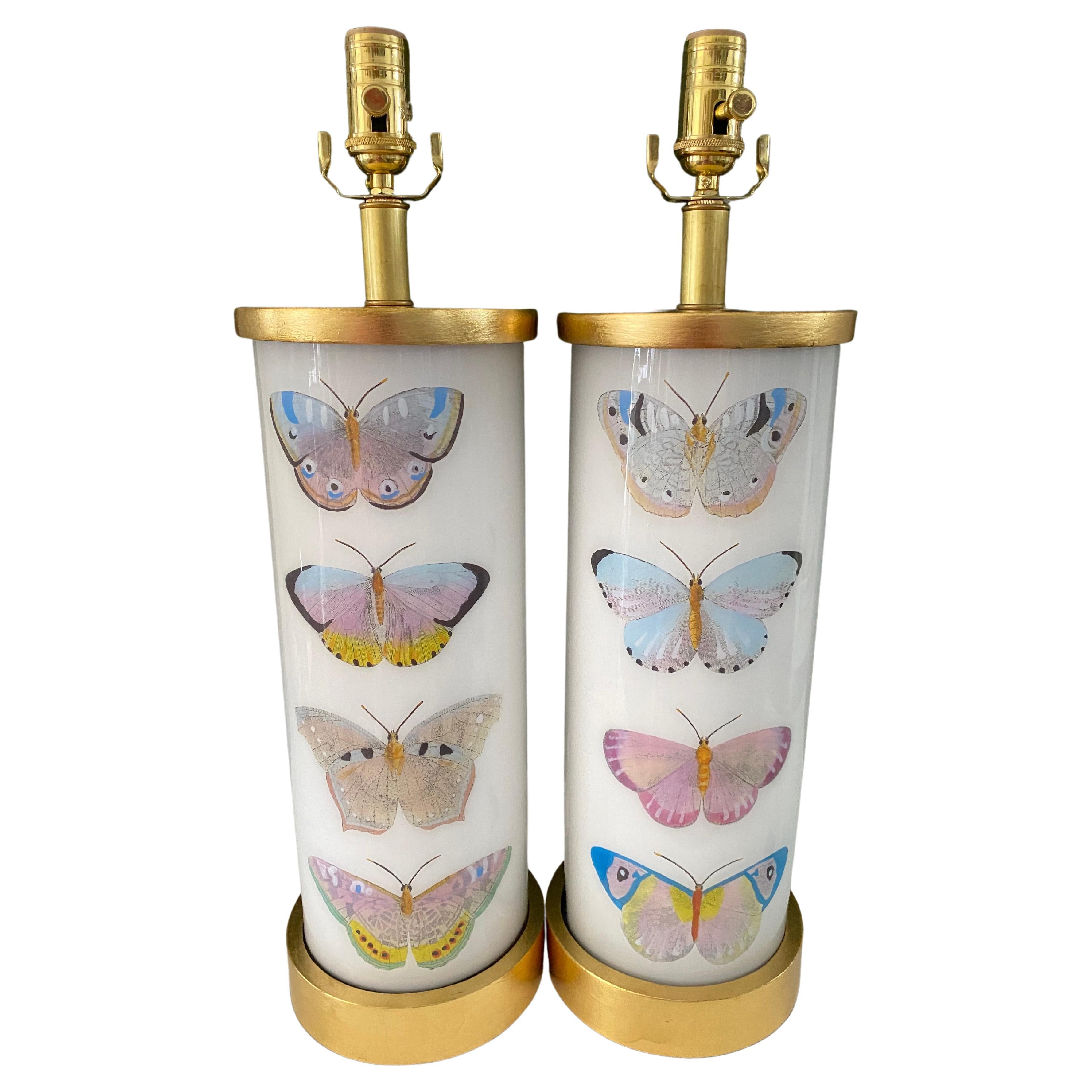 Liz Marsh Designs Pair of Decoupage Butterfly Study II Lamps For Sale