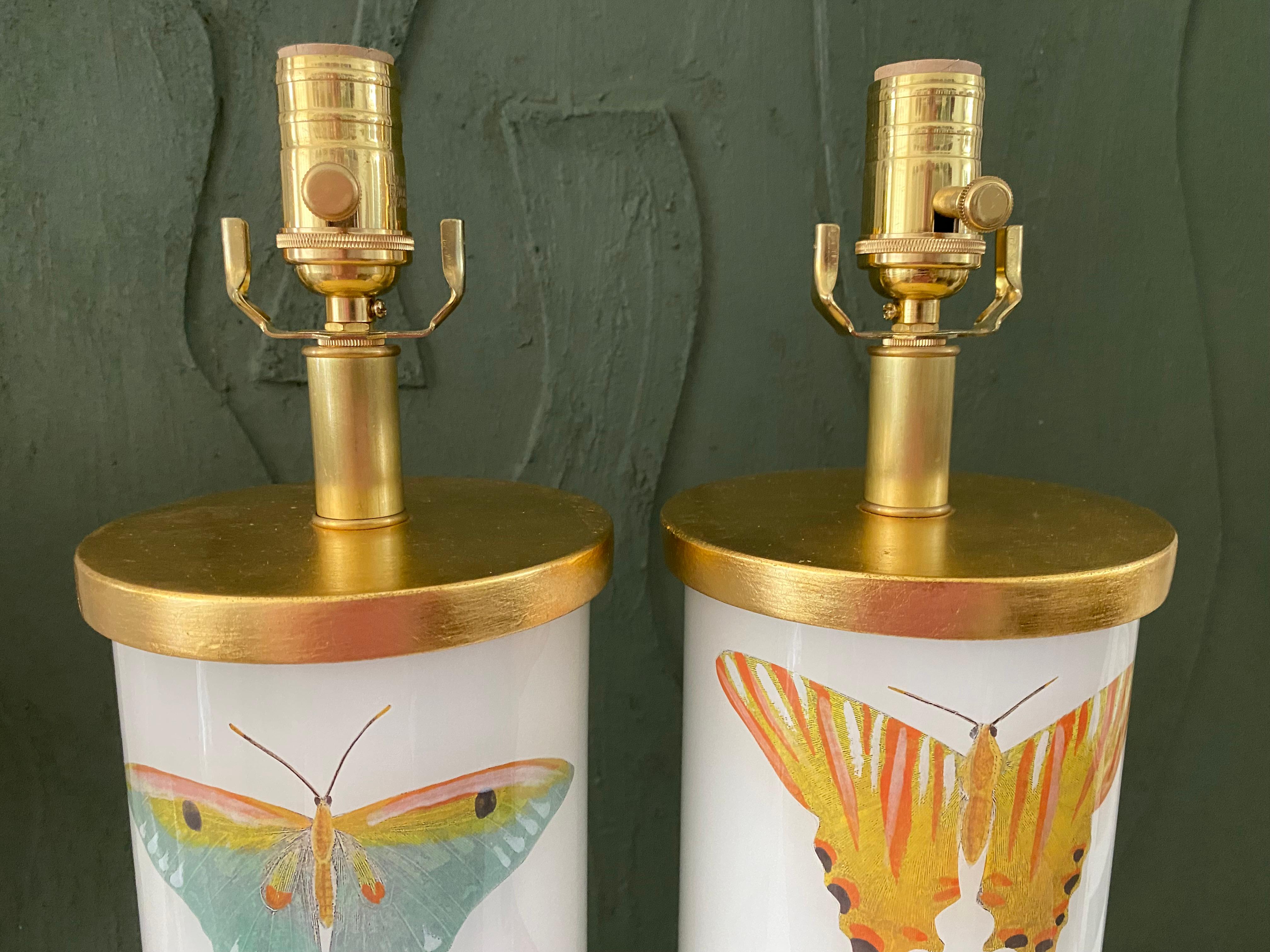 American Liz Marsh Designs Pair of Decoupage Butterfly Study Lamps For Sale