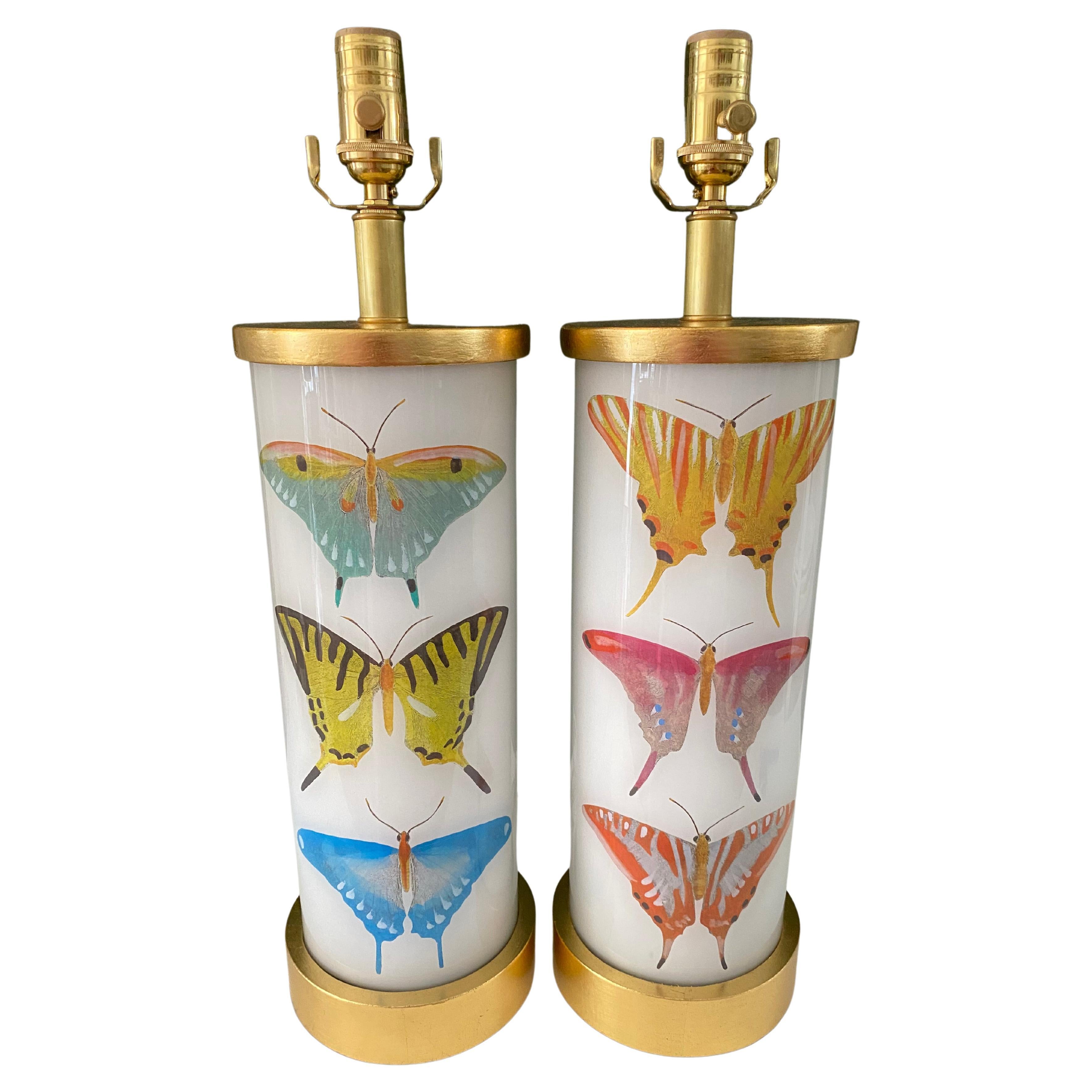Liz Marsh Designs Pair of Decoupage Butterfly Study Lamps For Sale