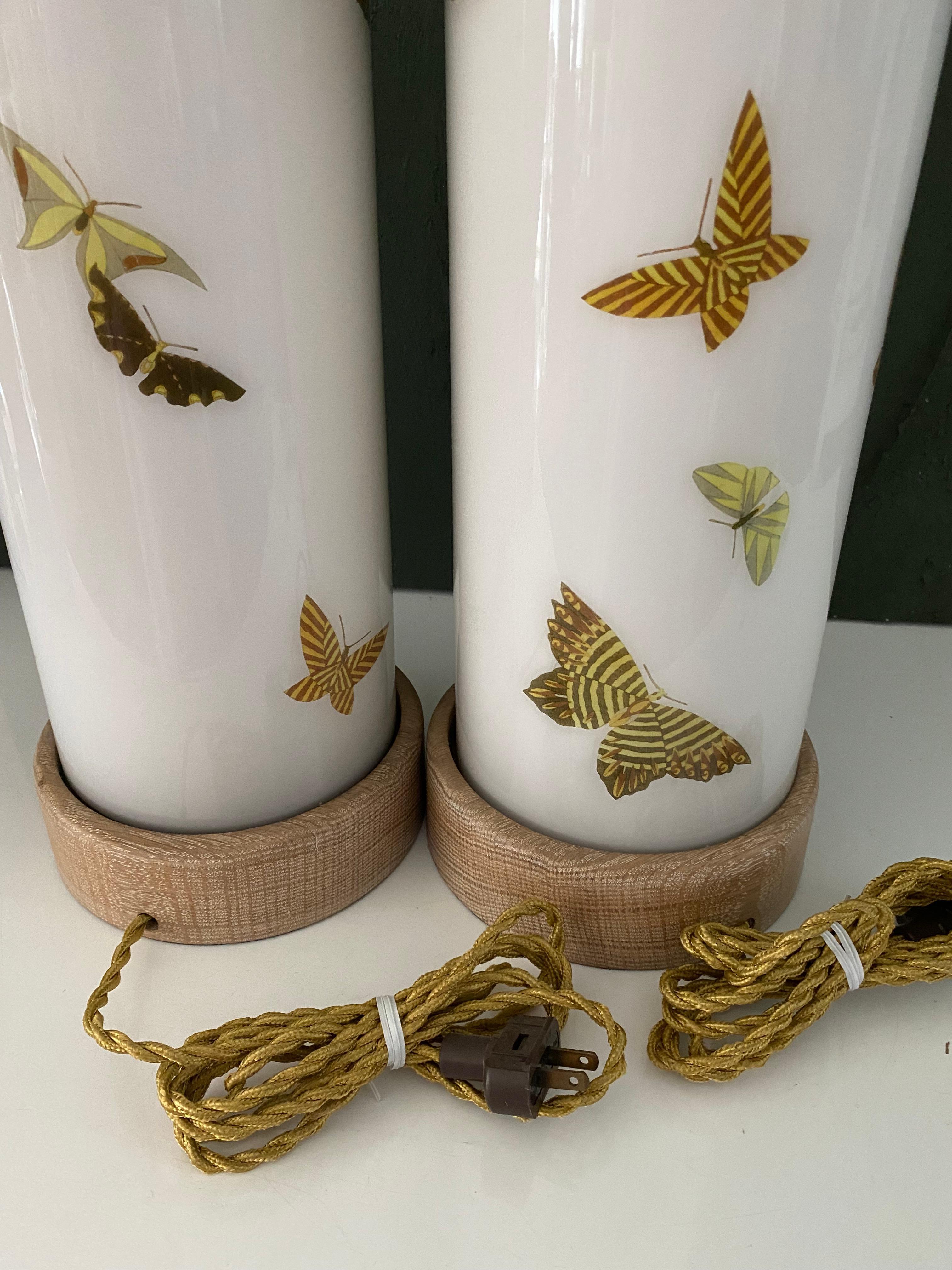 American Liz Marsh Designs Pair of Fluttering Butterflies Decoupage Lamps For Sale