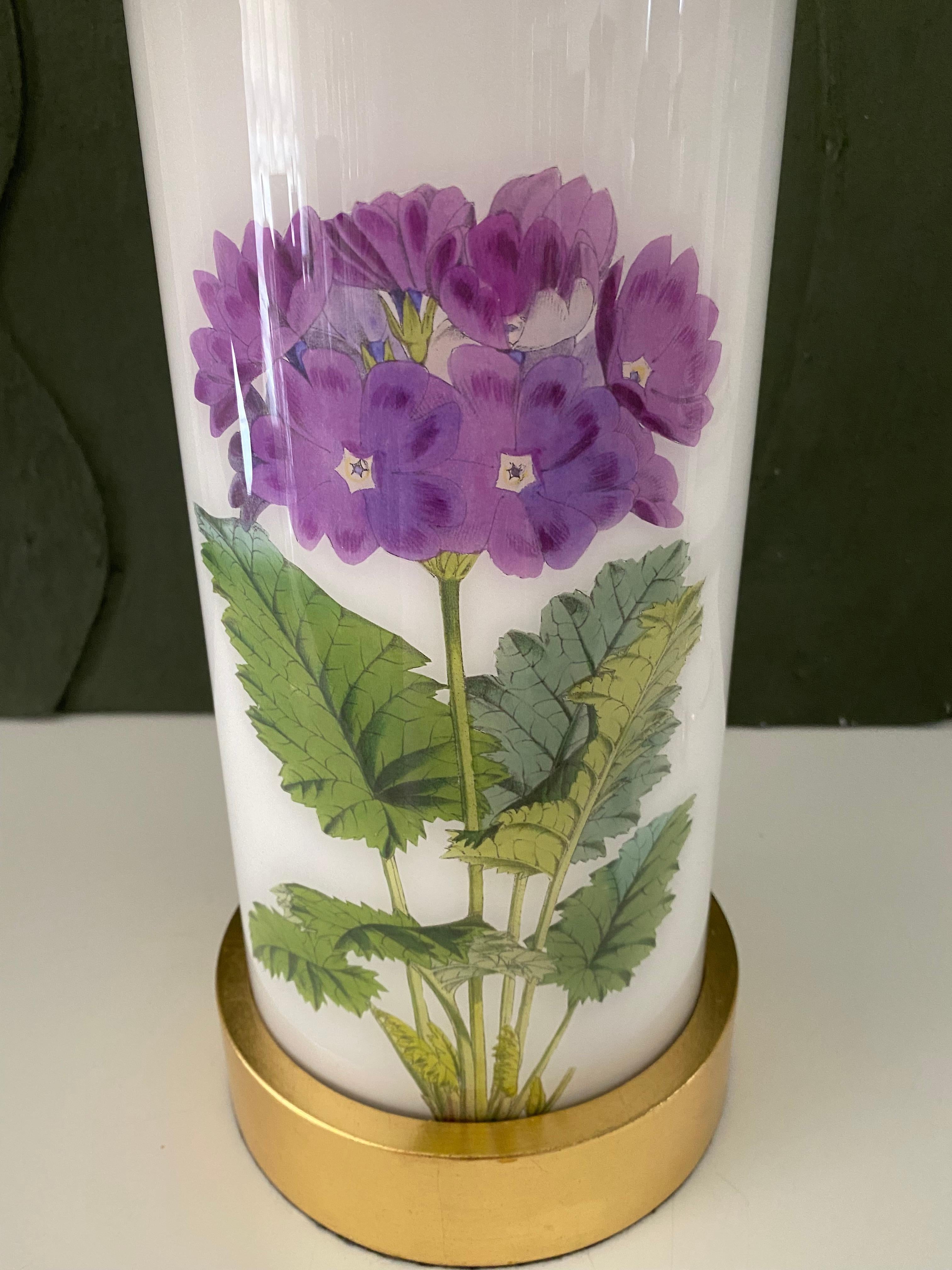 Hand made with care in Houston, Texas. This beautiful decoupage lamp was created using 19th century hand-colored botanical engraving and features a single insect on the bag for a bit of charm and whimsy. Polished brass dimmer socket and clear cord.