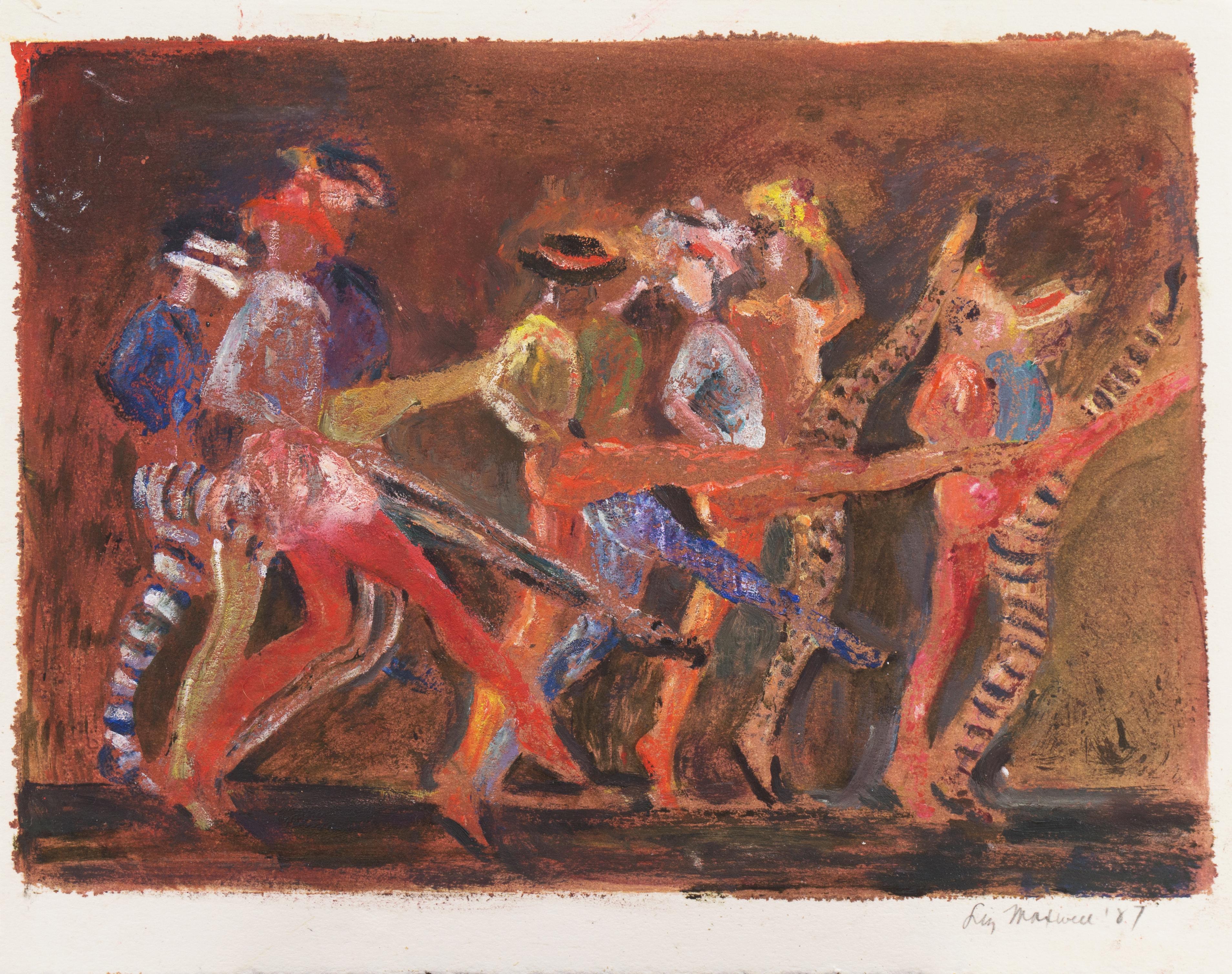 Signed lower right, 'Liz Maxwell' (American, born 1936) and dated 1987.

An energetic and dynamic figural work showing a parade of figures from the Commedia dell'arte marching in step.

This notable California artist lived in New York before