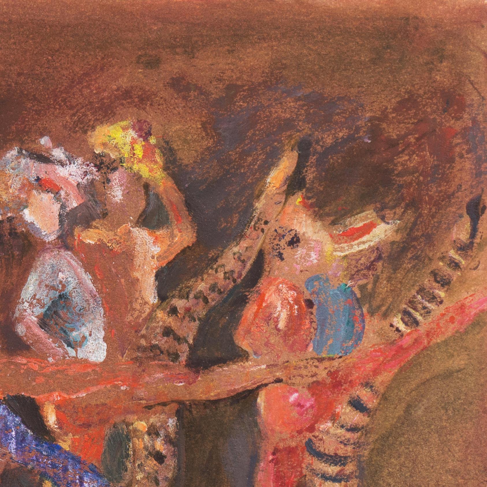 An energetic and dynamic figural work showing a parade of figures from the Commedia dell'arte marching in step.

Signed lower right, 'Liz Maxwell' (American, born 1936) and dated 1987.

This notable California artist lived in New York before