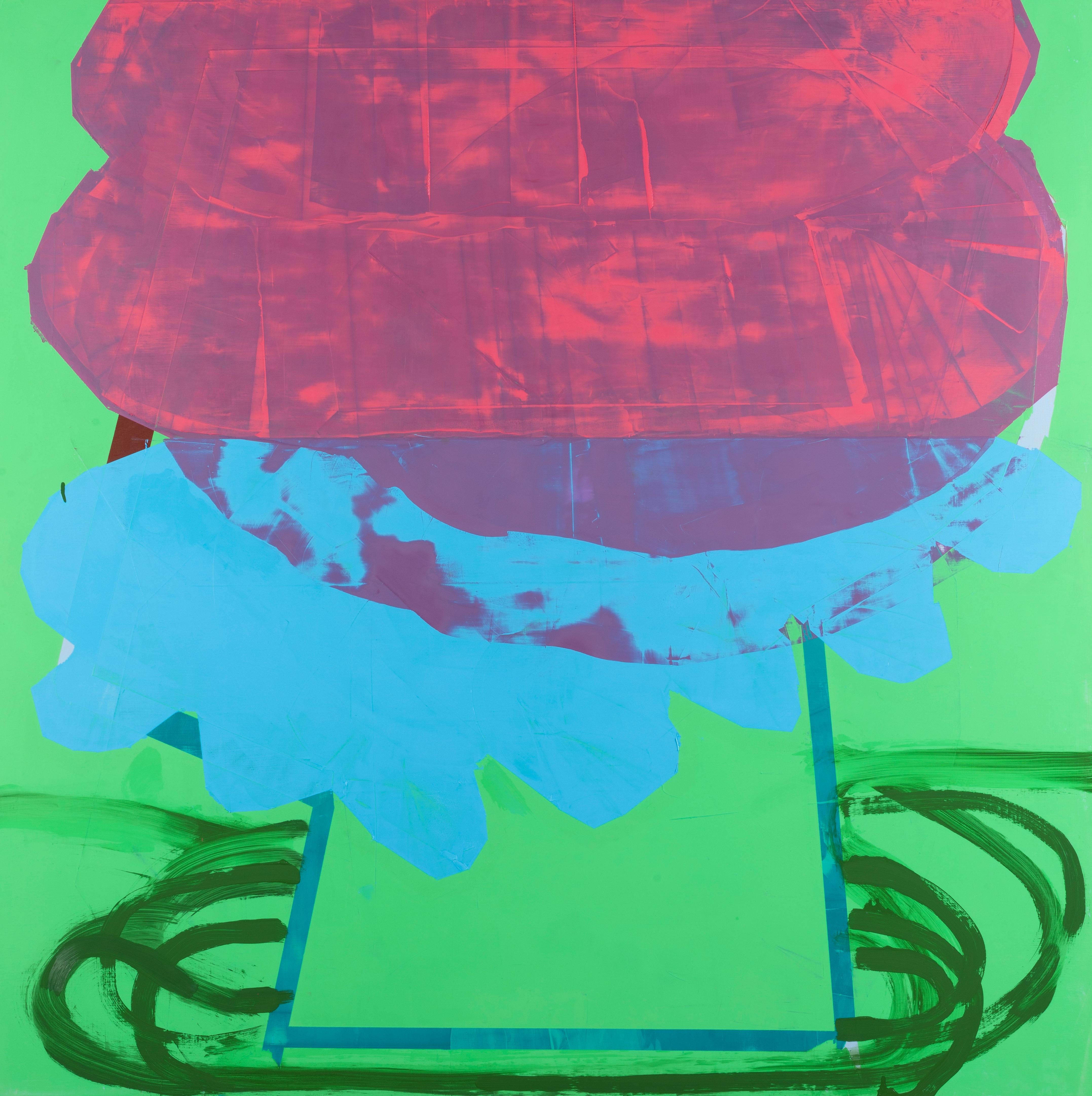 Liz Rundorff Smith Abstract Painting - Busted Can of Biscuits, neon pink, blue and green oil painting, abstract shape