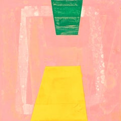 Emblem, pink, yellow and green abstract oil painting on panel, 10" x 10"