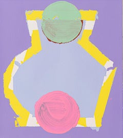 Femme, abstraktes Gouache-Gemälde auf Papier, rosa und lila, 10" x 9"
