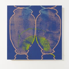 Four-Day-Old Smirk (acrylique sur toile, motif, grille, bleu, formes, lumineux)