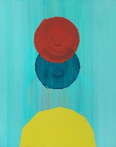 Ground Control, abstract geometric painting on panel, teal and red, 10" x 8"