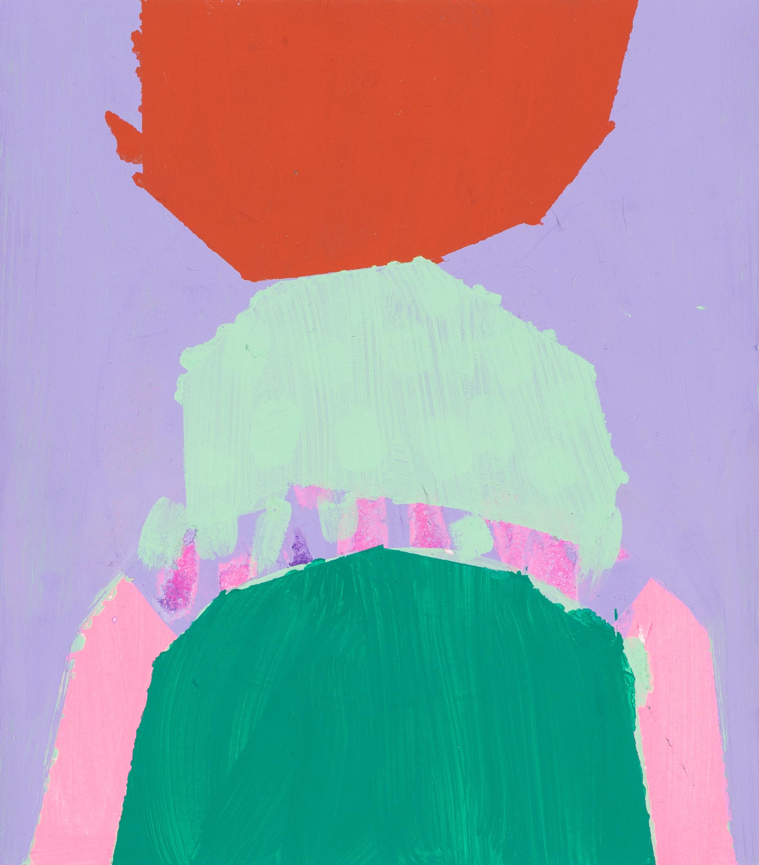 Liz Rundorff Smith Abstract Painting - Mask, abstract gouache painting on paper, purple, green and red, 11" x 9"