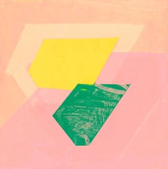 Next, pink, yellow and green abstract oil painting on panel, 10" x 10"