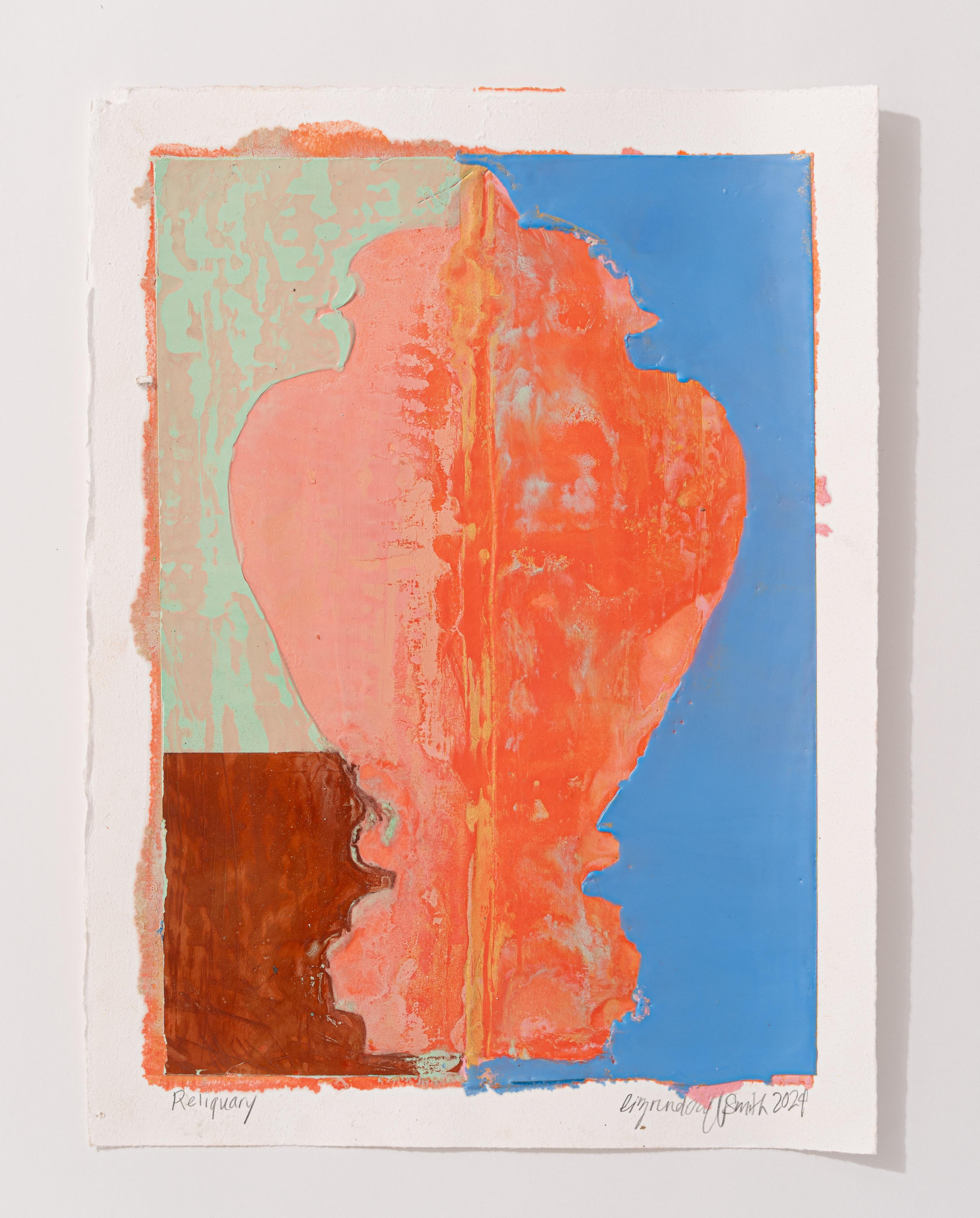 Reliquary (for Winnie) (abstract, bright colors, encaustic, vessel, layers) - Orange Abstract Painting by Liz Rundorff Smith