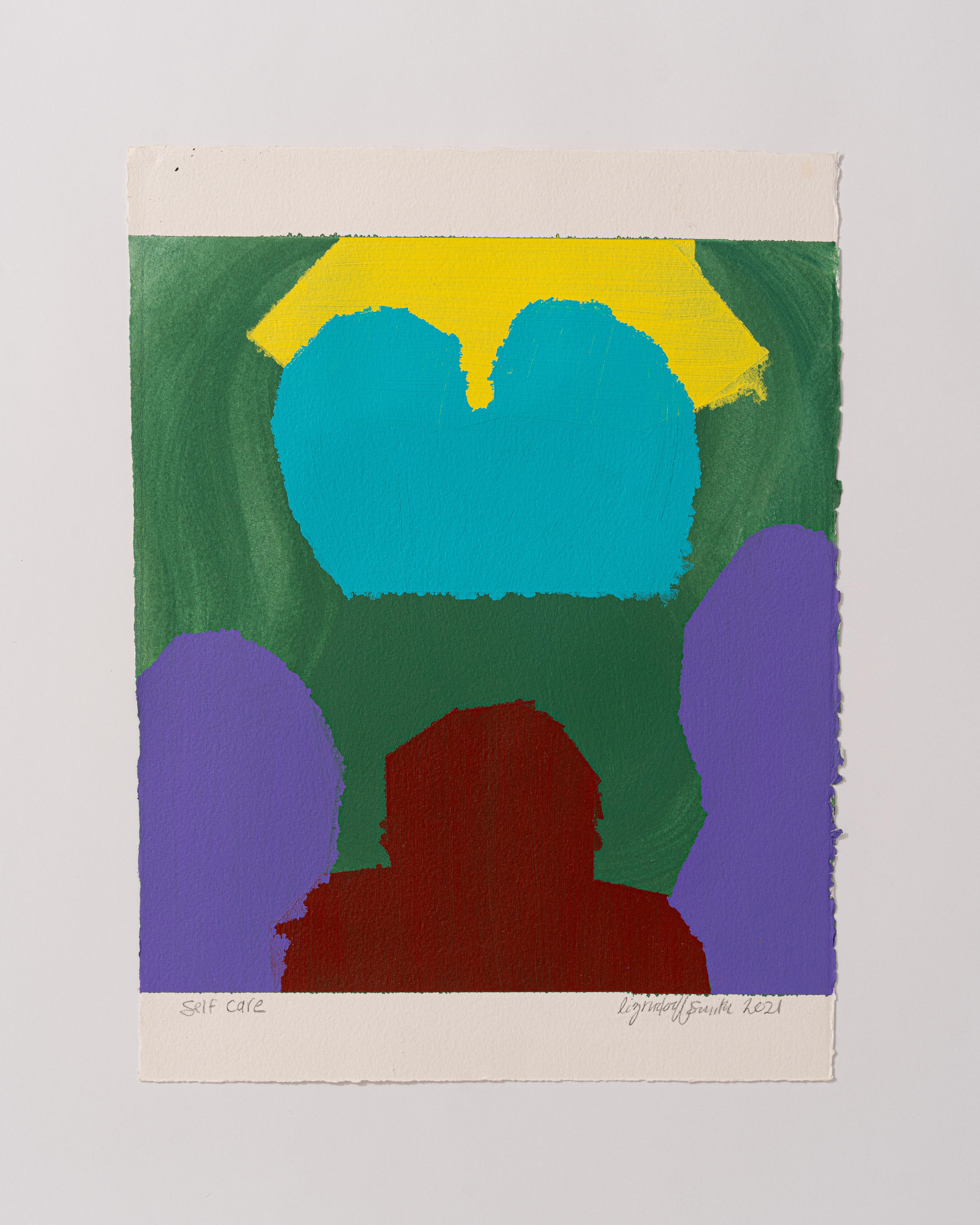 Cura di sé (astratto, motivi, colori scuri, strati, verde, viola, rosso, texture) - Painting di Liz Rundorff Smith