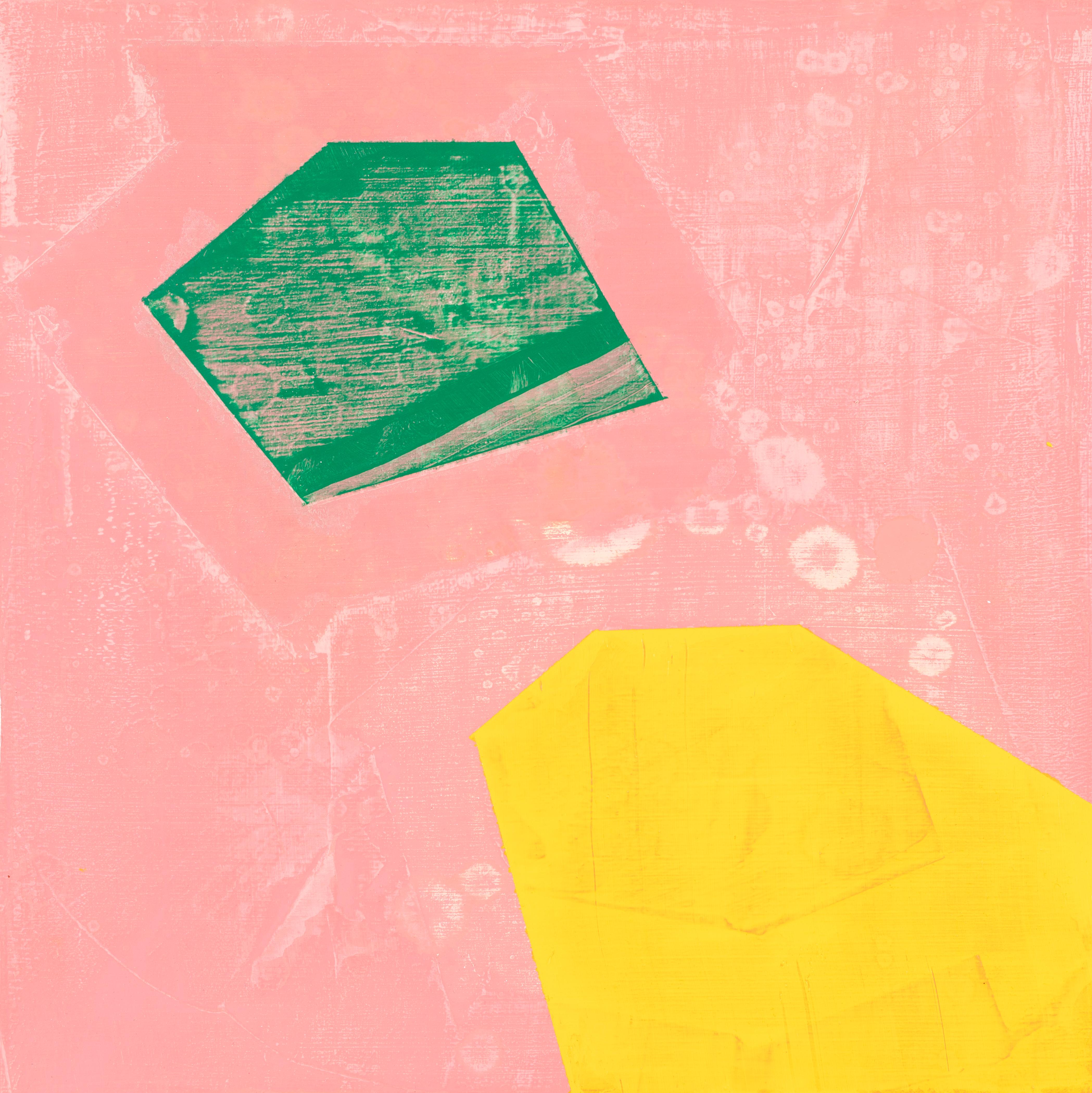 Liz Rundorff Smith Abstract Painting - Sign, pink, yellow and green abstract oil painting on panel, 10" x 10"