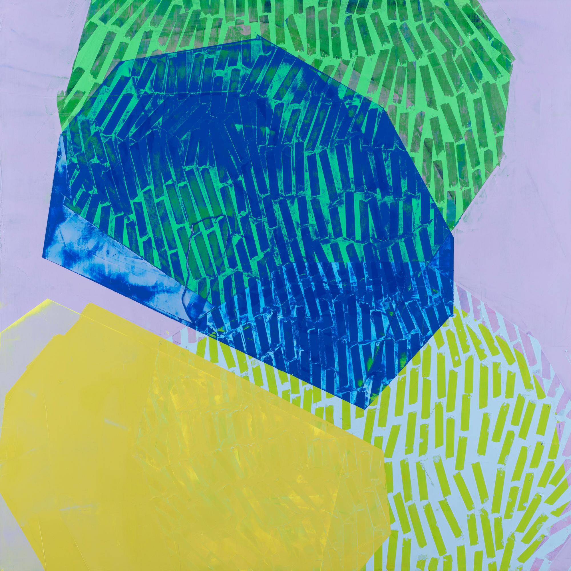 Liz Rundorff Smith Abstract Painting - Spill, blue, green, purple and yellow oil painting on panel, abstract shapes