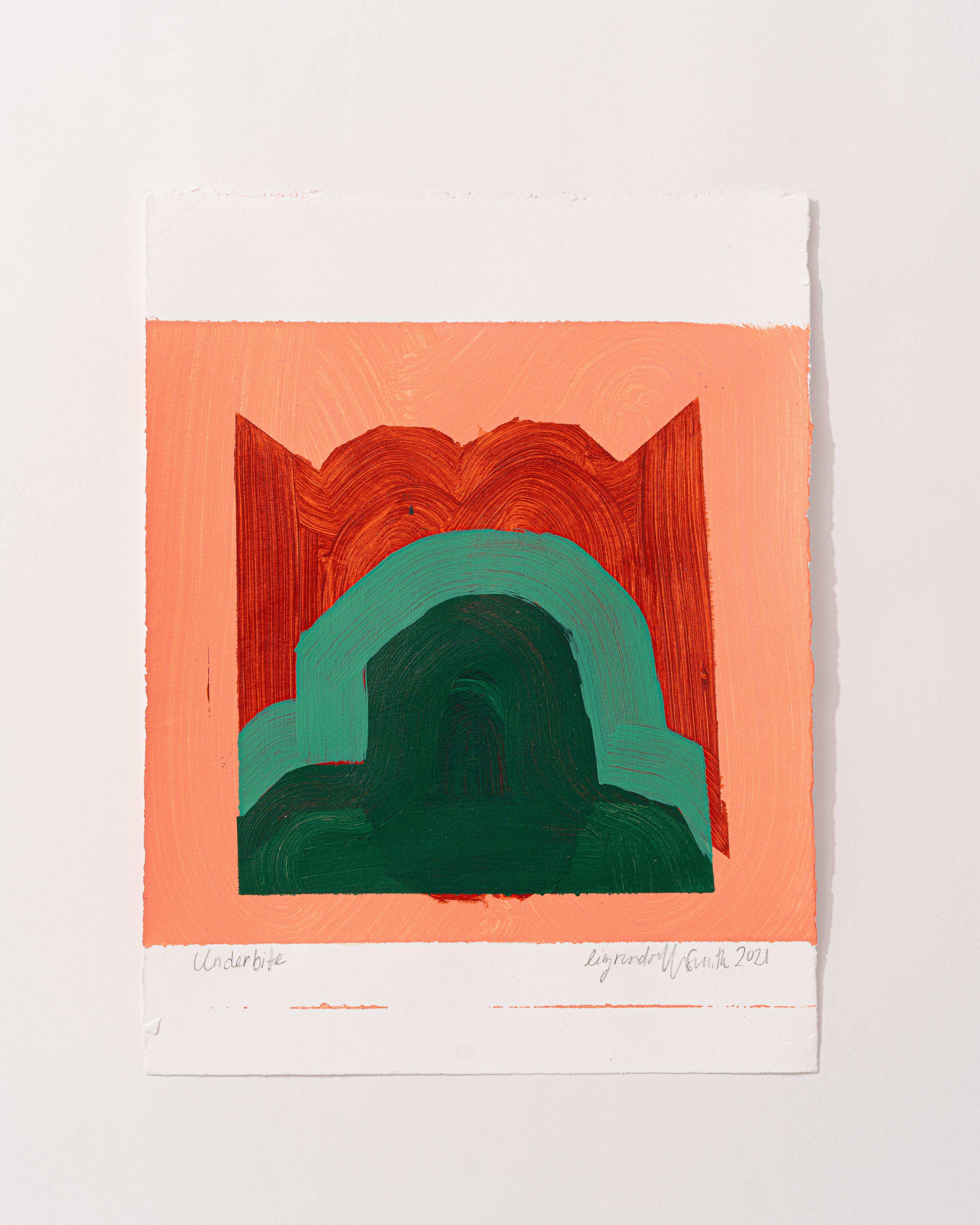 Underbite (abstract, patterns, bright colors, layers, red, green, texture) - Painting by Liz Rundorff Smith