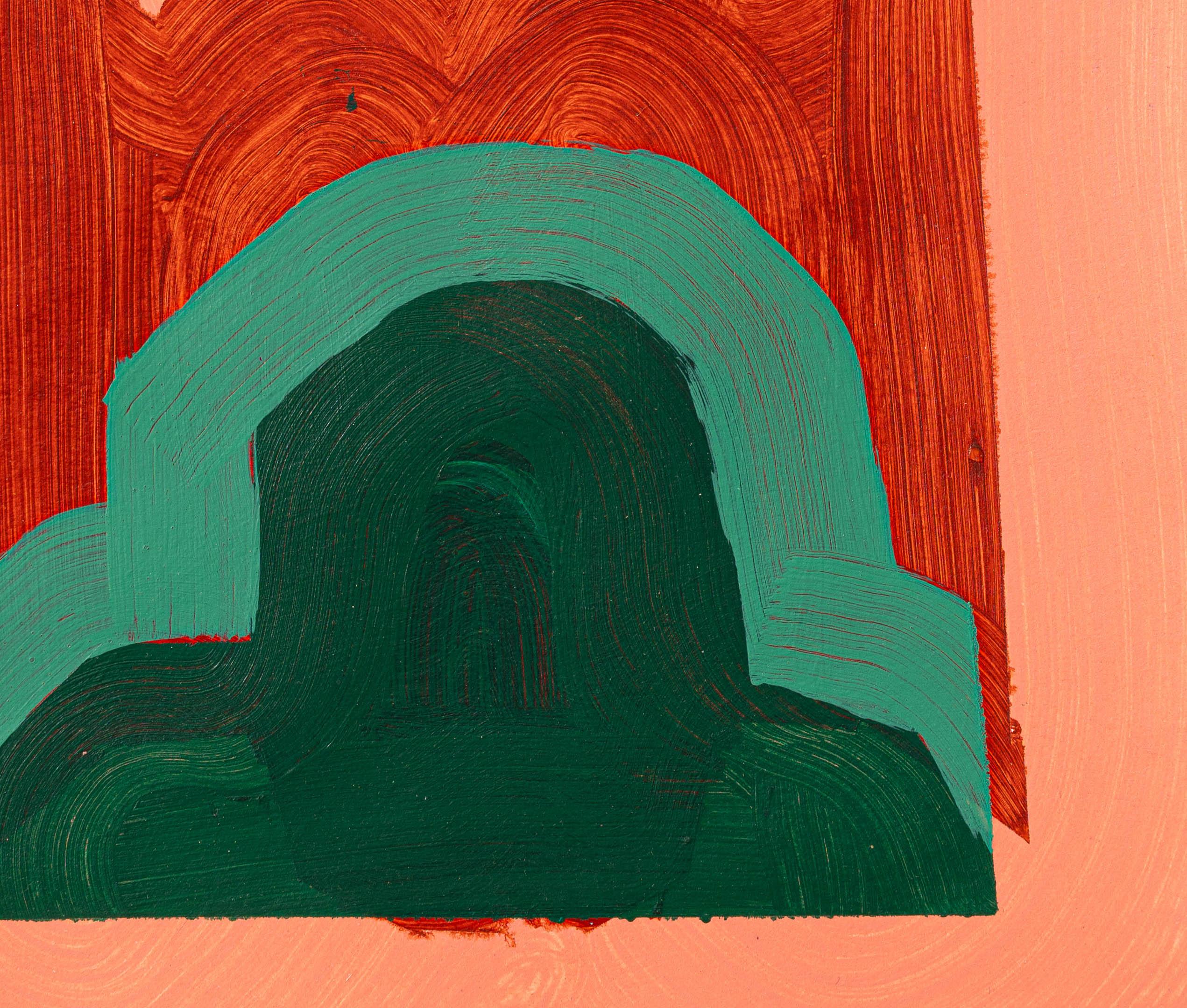 Underbite (abstract, patterns, bright colors, layers, red, green, texture) - Orange Abstract Painting by Liz Rundorff Smith