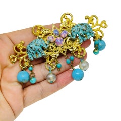 LIZ SOTO vintage gold tone faux turquoise opal pearls designer brooch