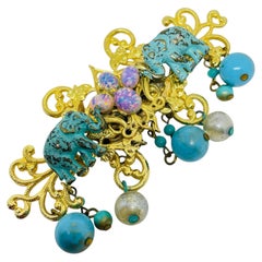 LIZ SOTO vintage gold tone faux turquoise opal pearls designer brooch