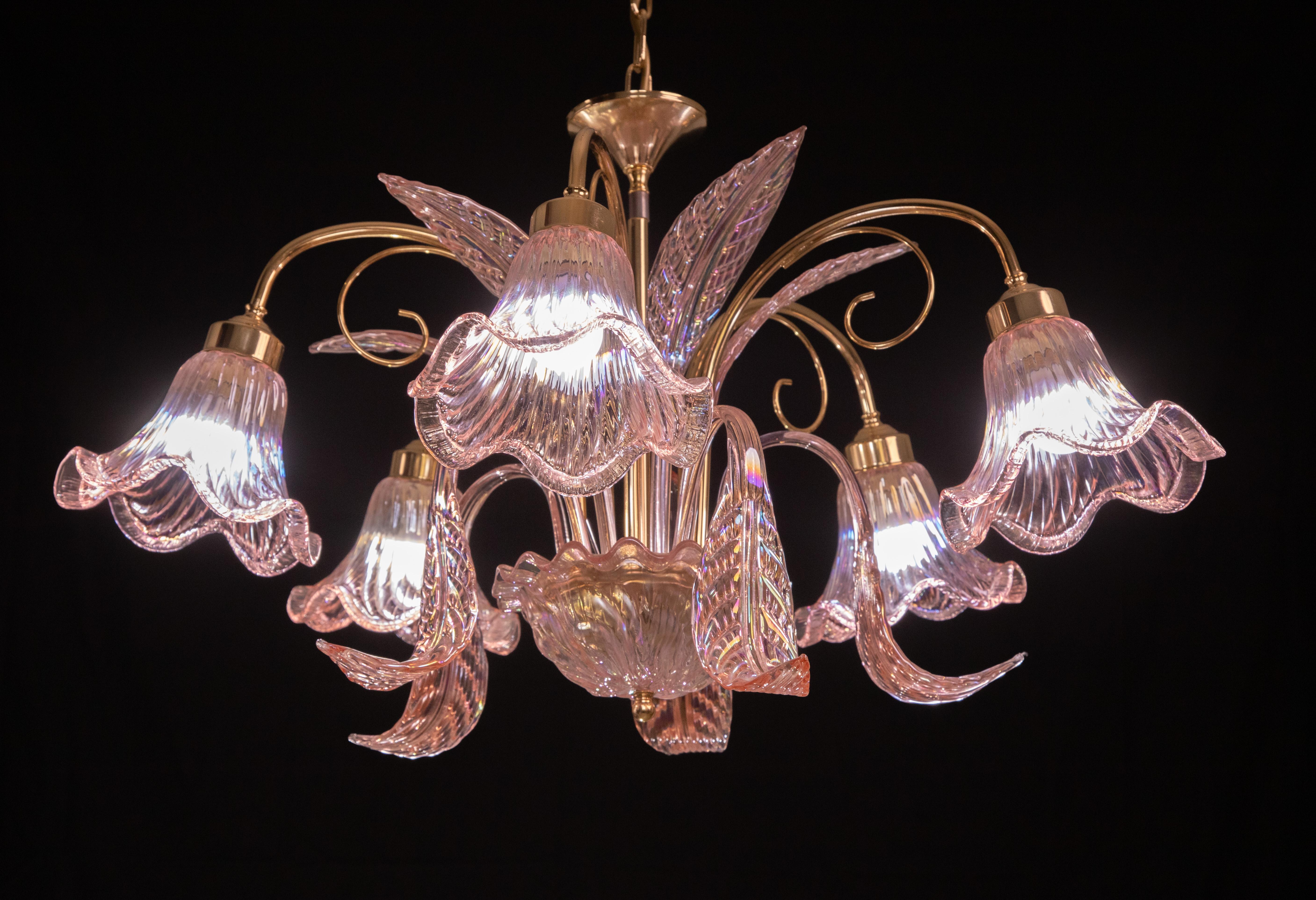 Late 20th Century Liz Taylor, Iridiscent Pink Murano Chandelier, 1970s For Sale