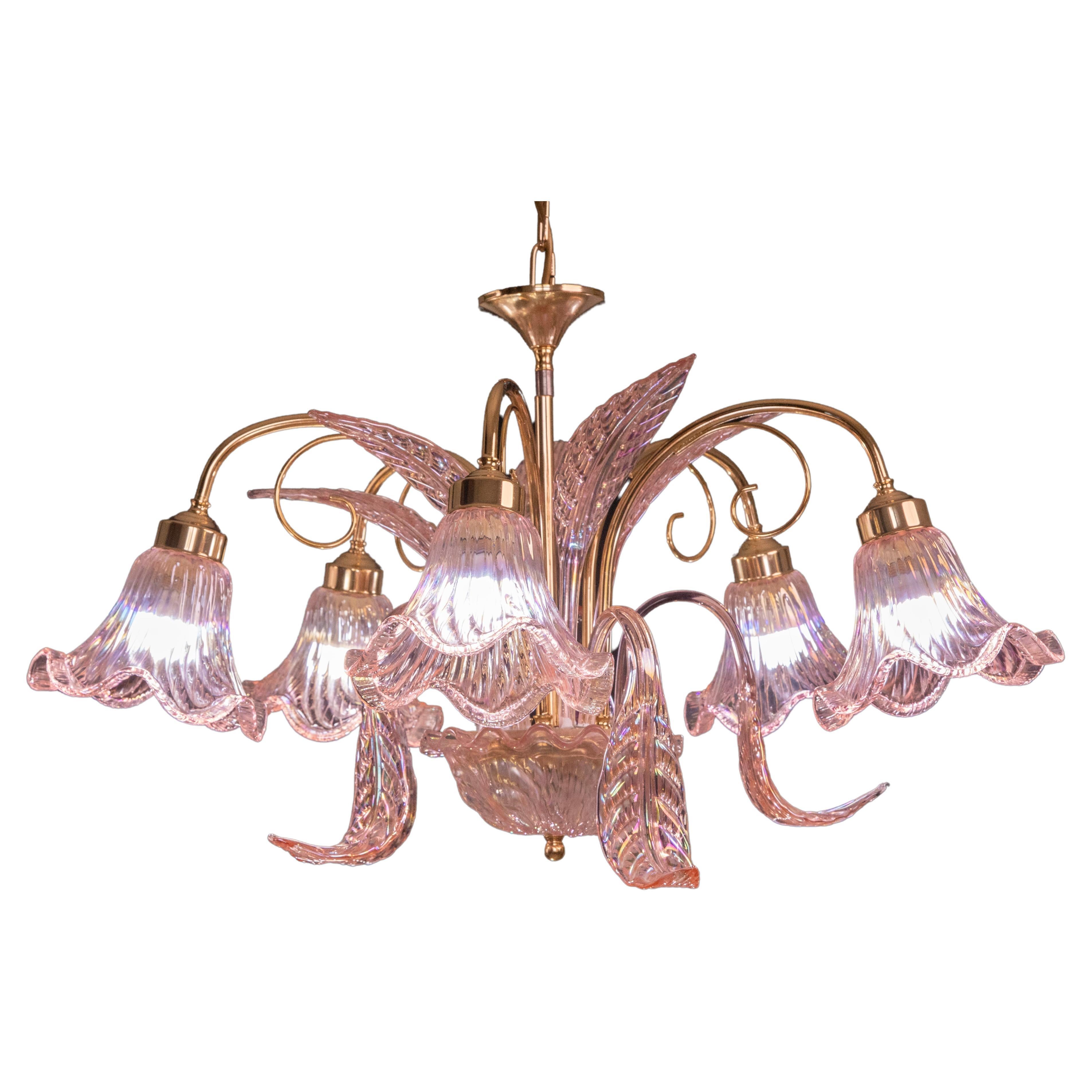 Liz Taylor, Iridiscent Pink Murano Chandelier, 1970s For Sale