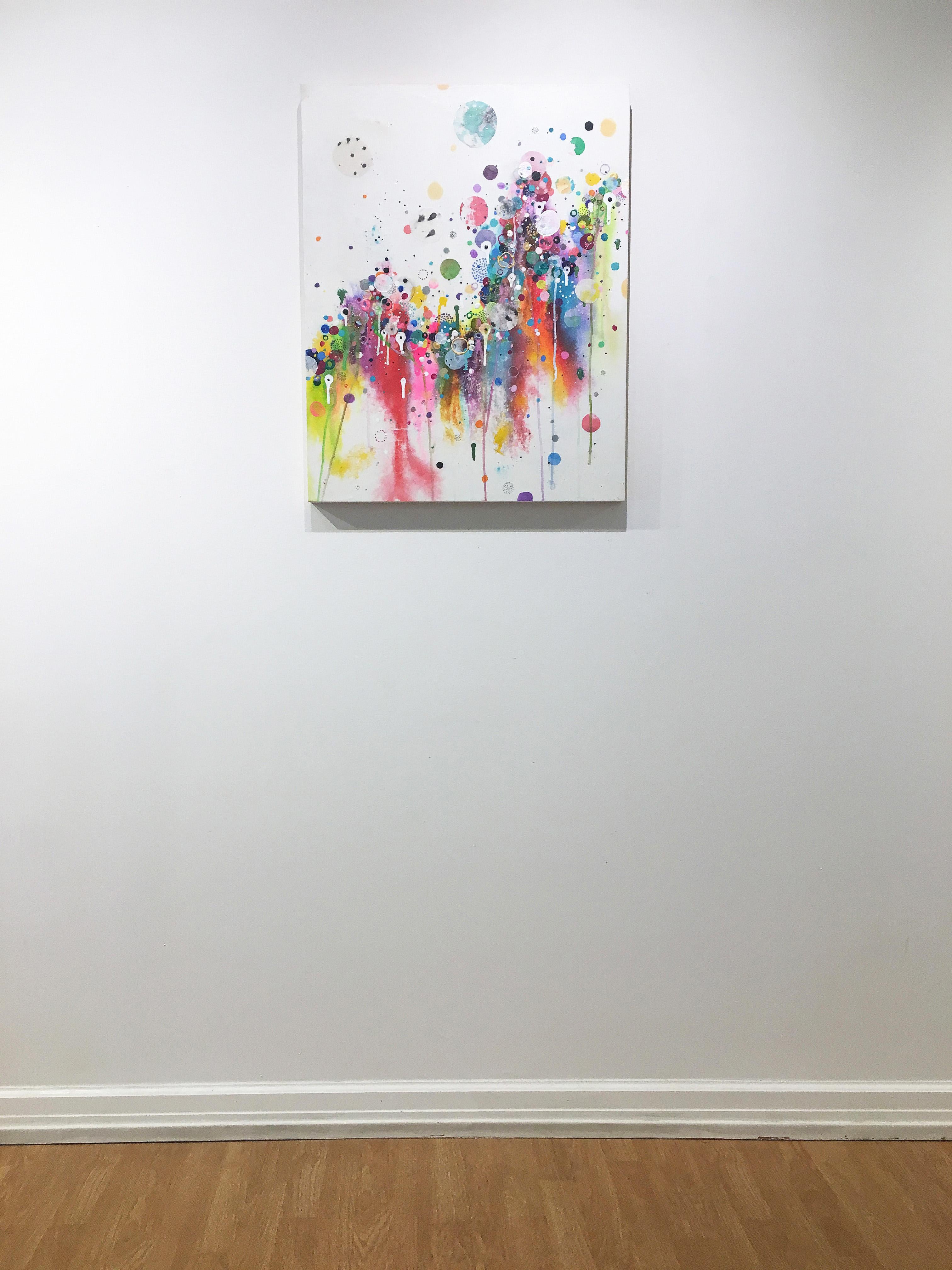 'Go Baby Go' 2018 by Seattle based abstract painter, Liz Tran. Mixed media on panel, 30 x 24 in. The featured “Party” paintings are festooned with bold neon colored bubbles, streamers, splatters, and elongated drips. Composed of ink, acrylic,