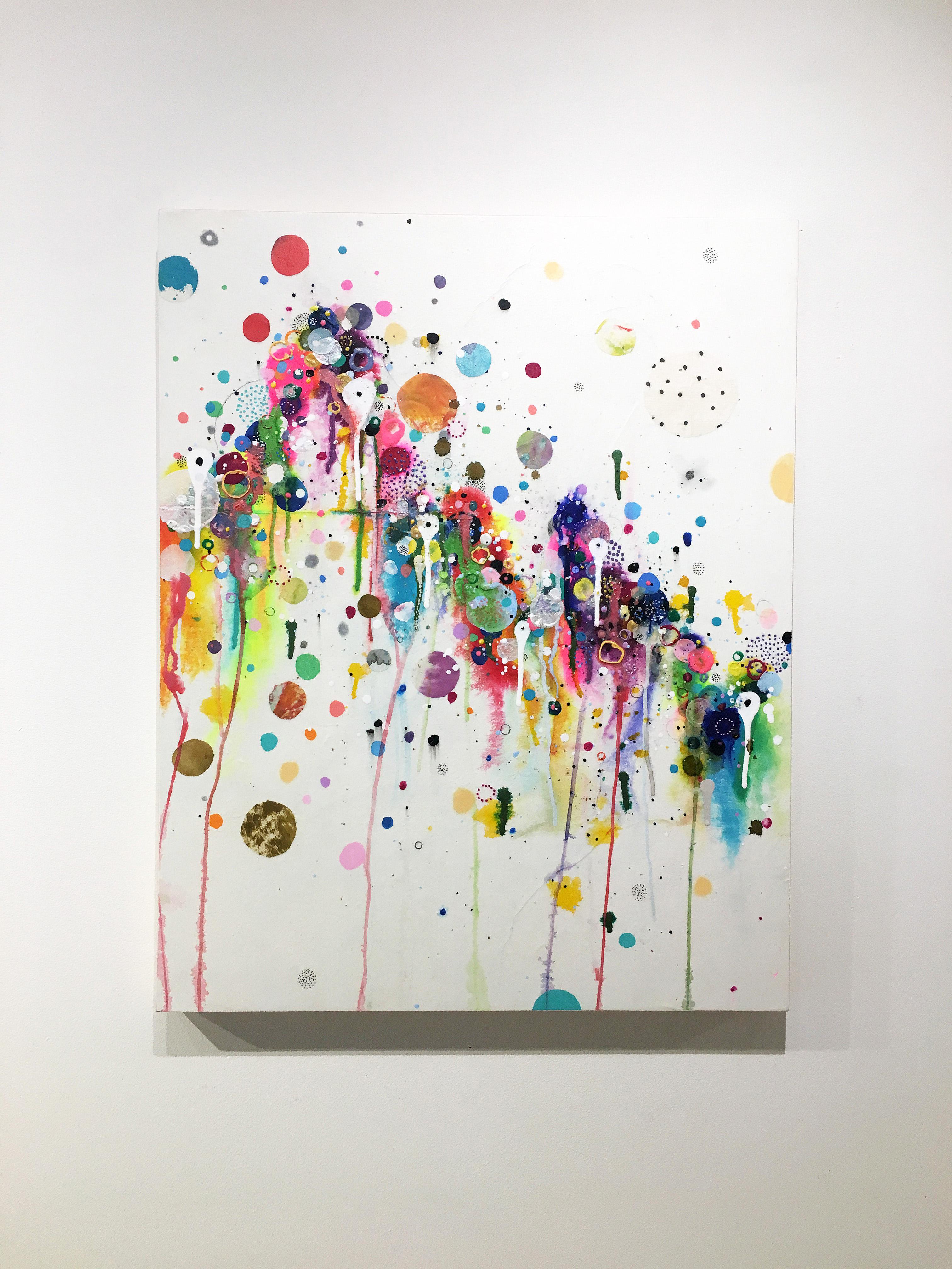 'Hallelujah' 2018 by Seattle based abstract painter, Liz Tran. Mixed media on panel, 30 x 24 in. The featured “Party” paintings are festooned with bold neon colored bubbles, streamers, splatters, and elongated drips. Composed of ink, acrylic,