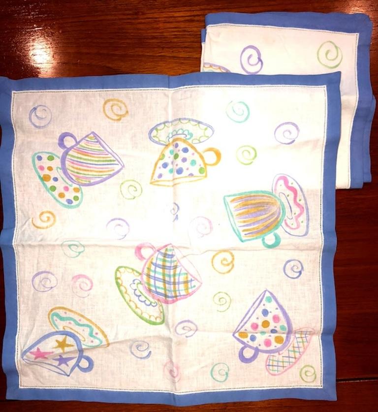 Liz Wain linens
Never used. 1980s. Beautiful, hand-painted 100% linen. One label.
Her items were originally sold at Neiman-Marcus, Gump’s and Barney’s. Original price was $40 per napkin. These are a deal. Look on eBay or Etsy for similar.

No