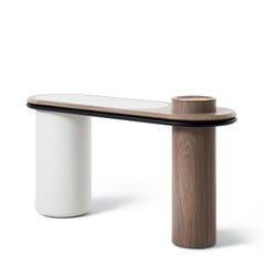 Liz Walnut Top With Leather Inserts and Cylindrical Bases Console