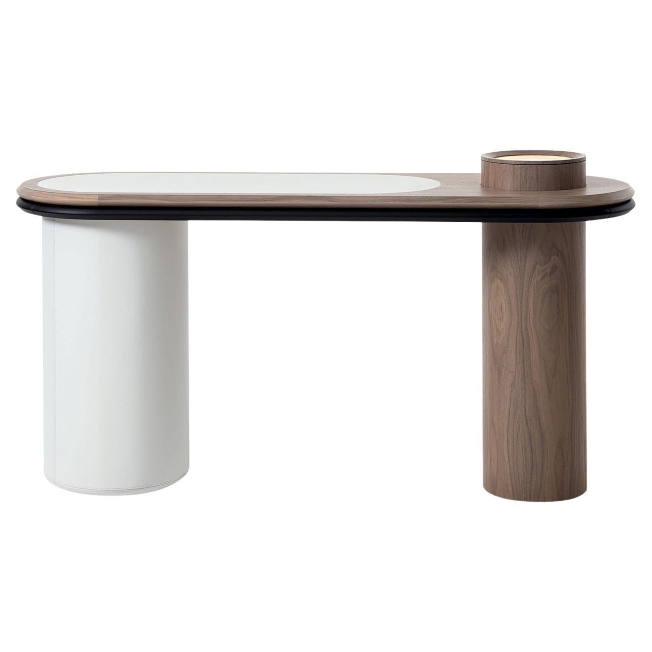 Liz Walnut Top With Leather Inserts and Cylindrical Bases Console For Sale